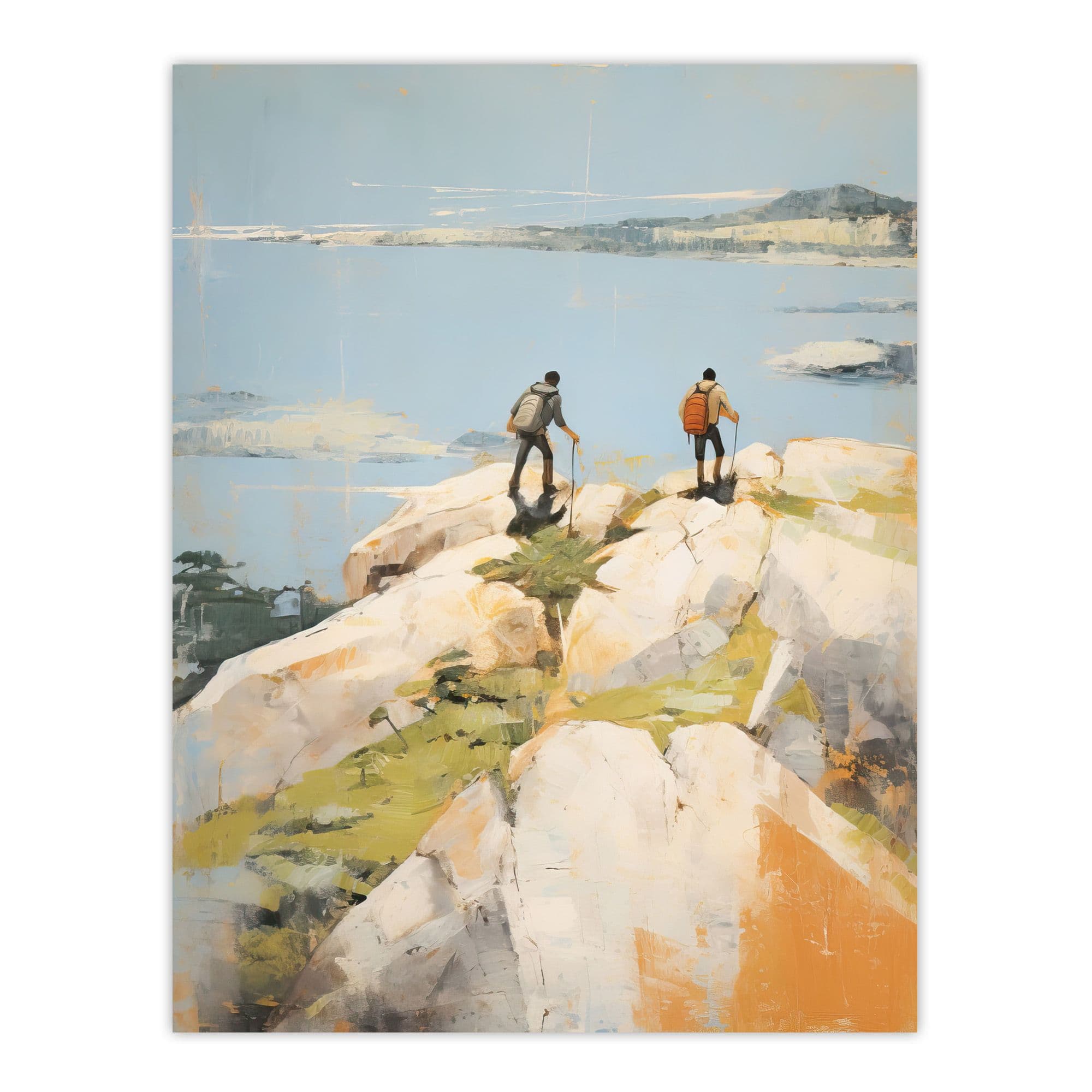 Hikers Reach Summit At Last Oil Painting Hiking Coastal Cliff Landscape Unframed Wall Art Print Poster Home Decor Premium