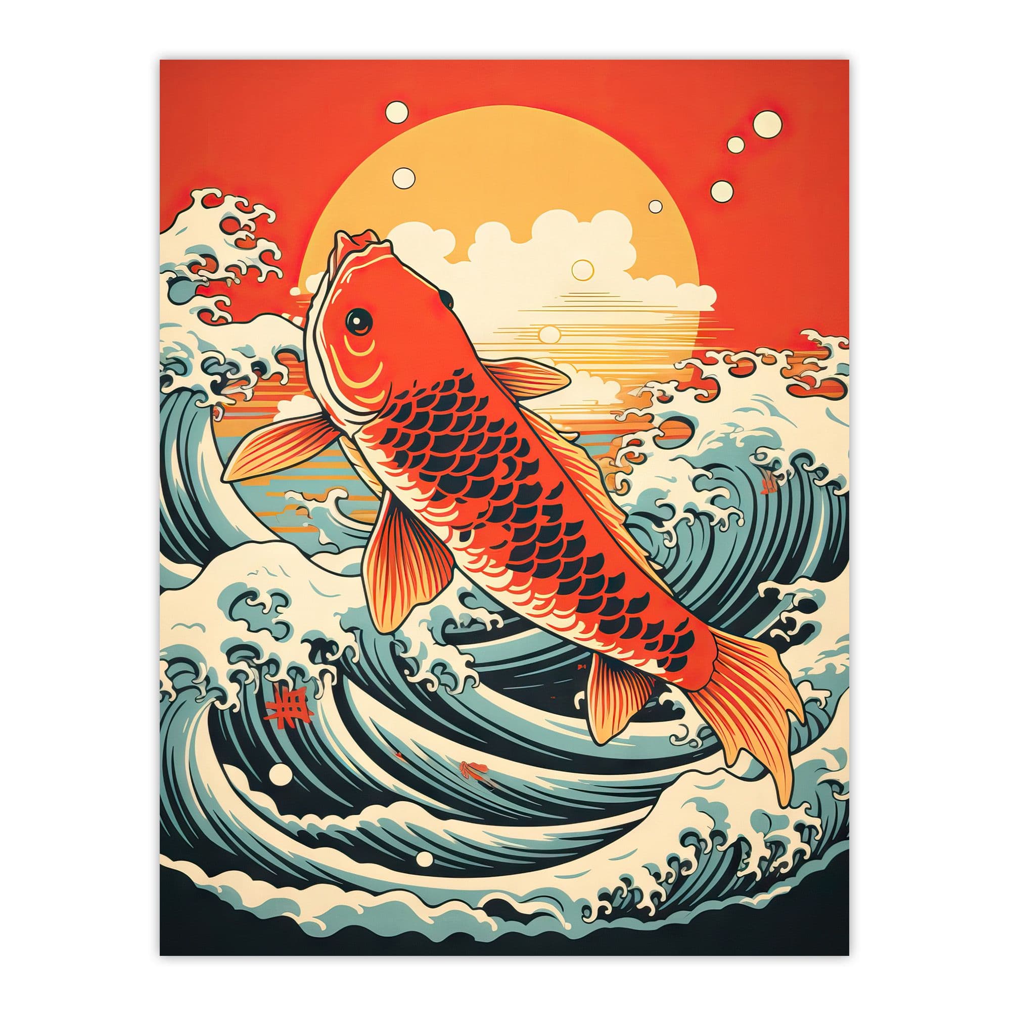 Japan Koi Carp Fish Leaping From The Sea At Sunset Great Wave Off Goldfish Artwork Unframed Wall Art Print Poster Home Decor Premium