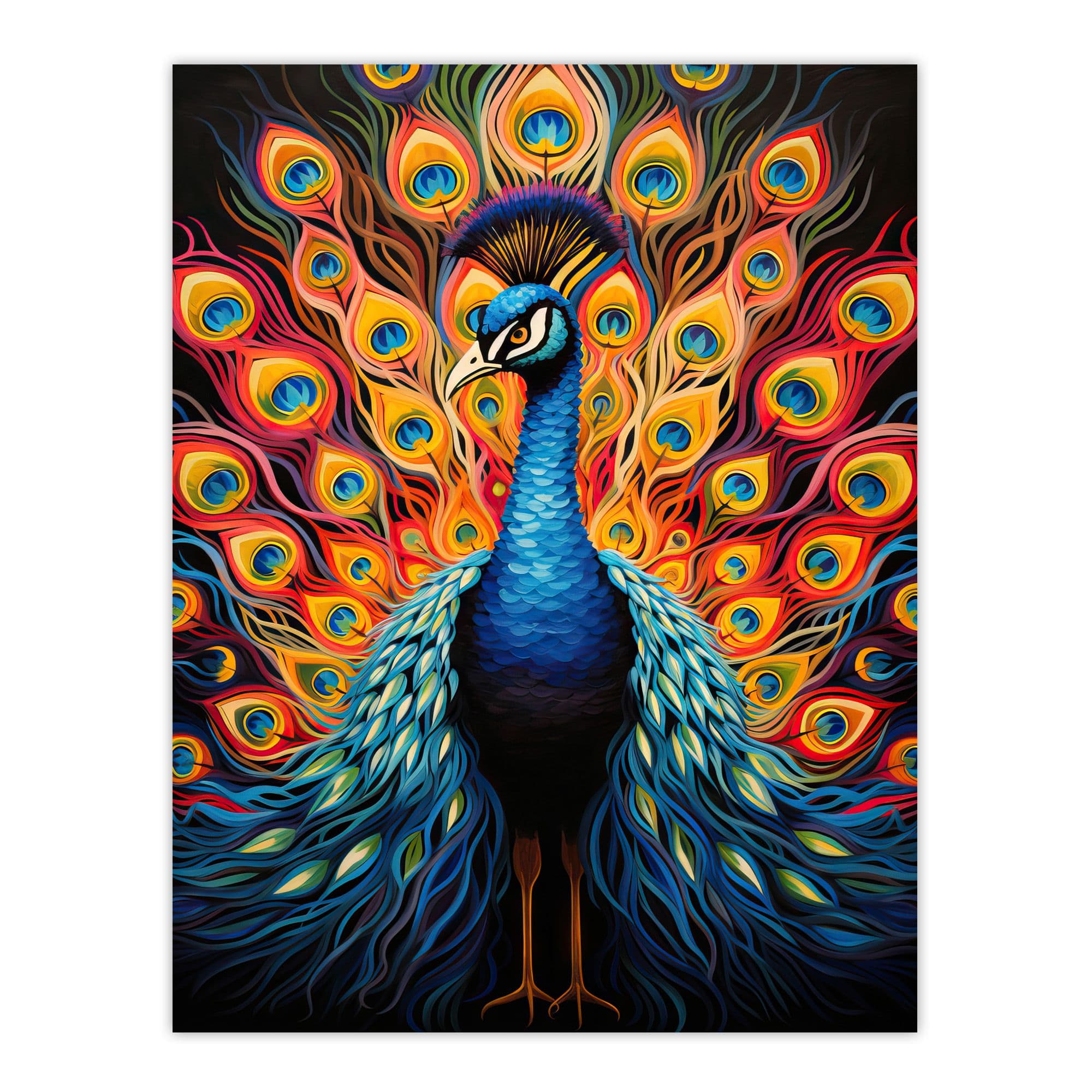 Peacock Bird With Bright Vivid Feathers Yellow Red Blue Bold Portrait Artwork Unframed Wall Art Print Poster Home Decor Premium