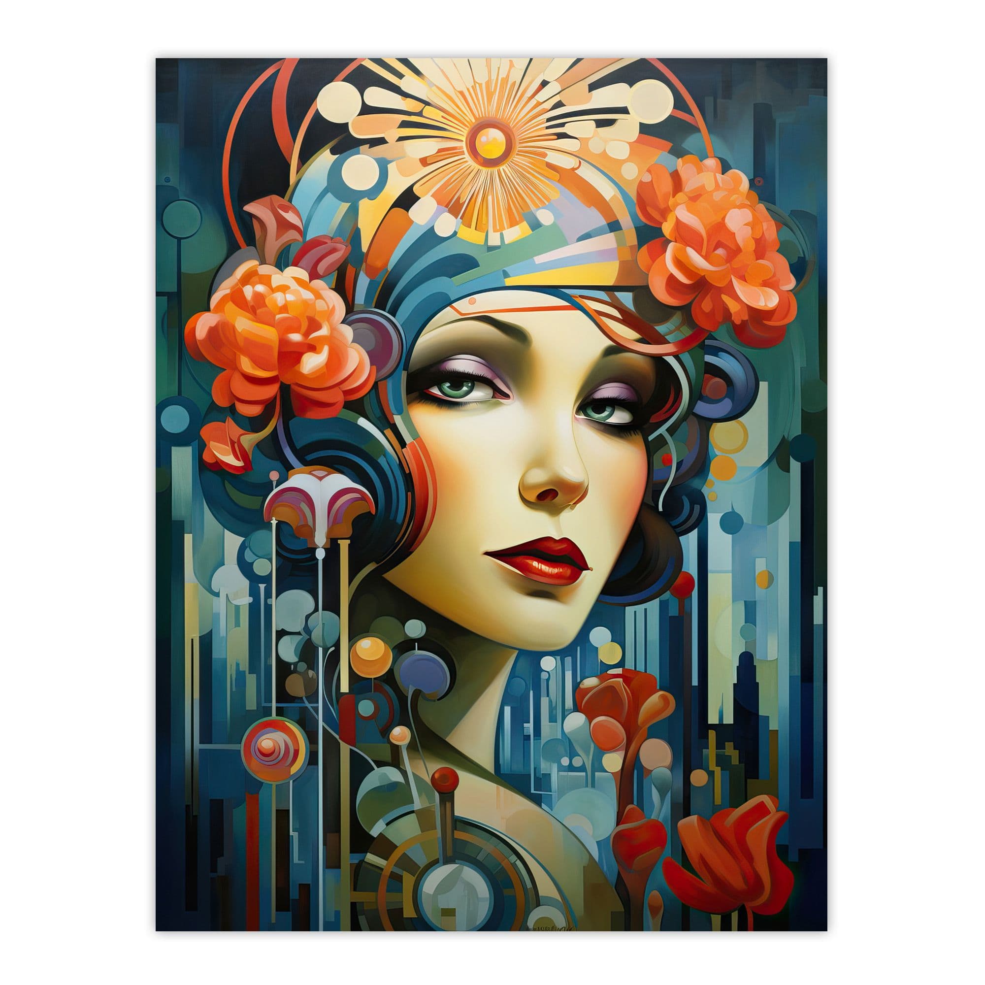 Metropolis Art Deco Woman Portrait Flowers Artwork Bold Bright Unframed Wall Art Print Poster Home Decor Premium