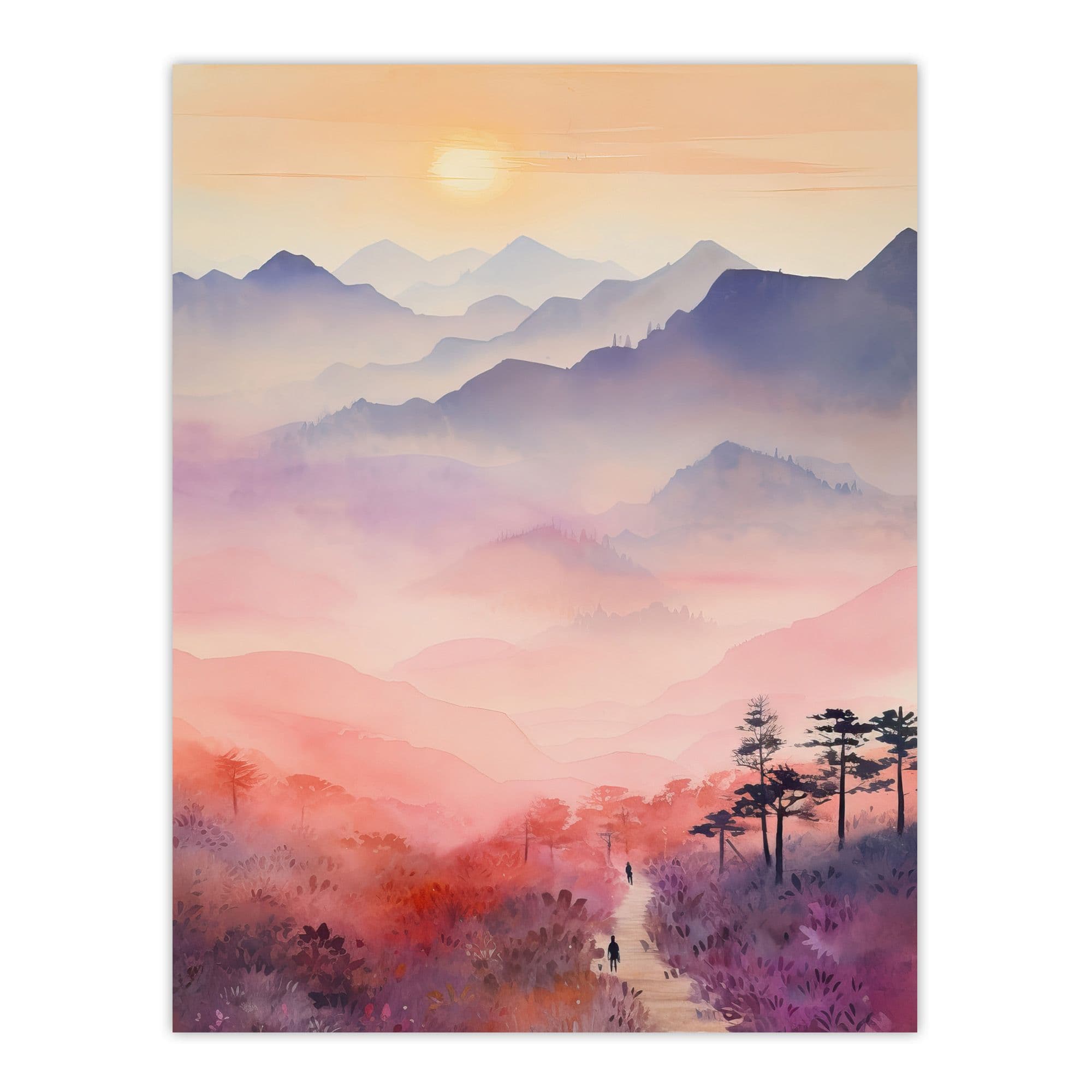 Mist At Sunrise Over Mountains Enchanting Watercolour Unframed Wall Art Print Poster Home Decor Premium