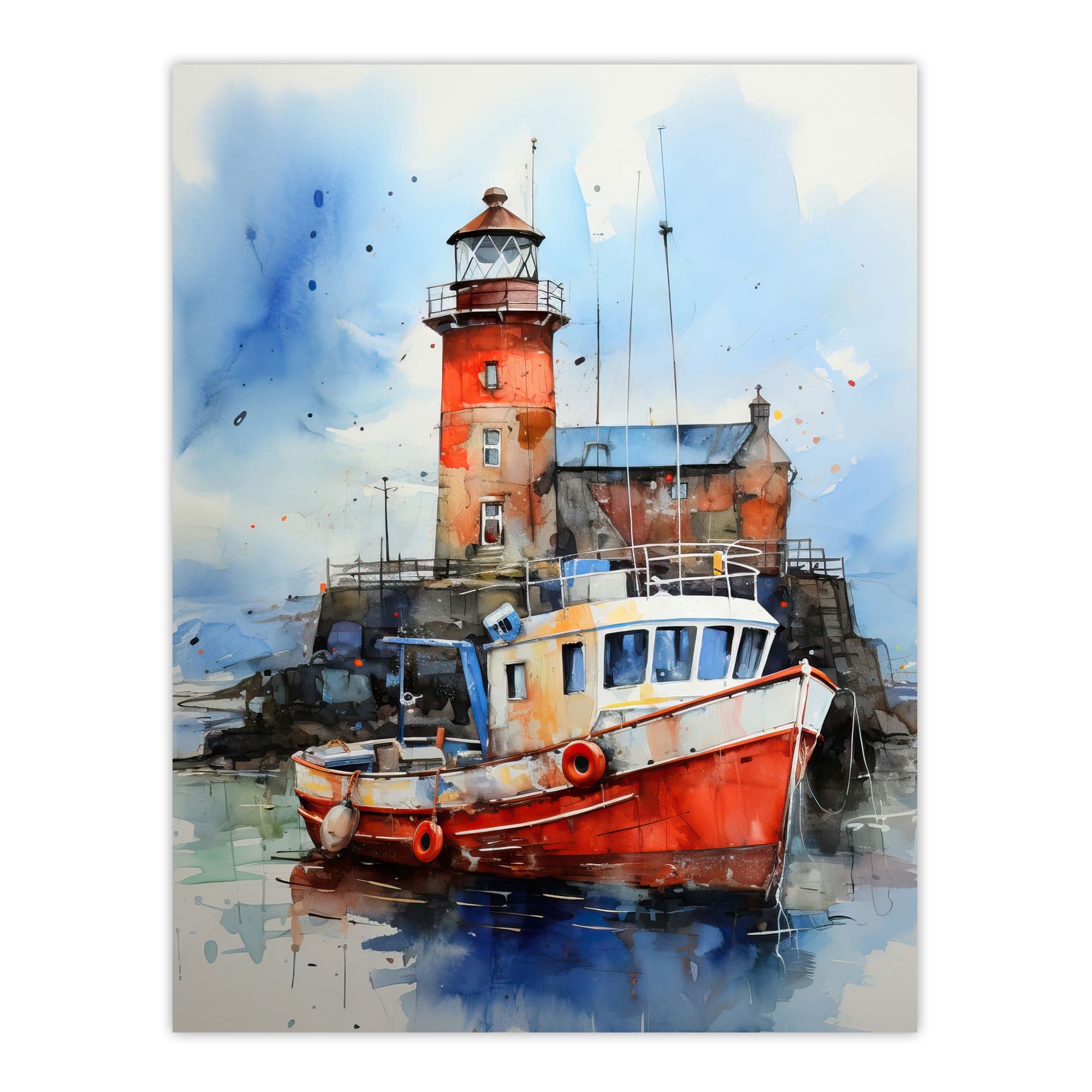 Scottish Harbour Fishing Boats Lighthouse Modern Watercolour Artwork Blue And Red Unframed Wall Art Print Poster Home Decor Premium