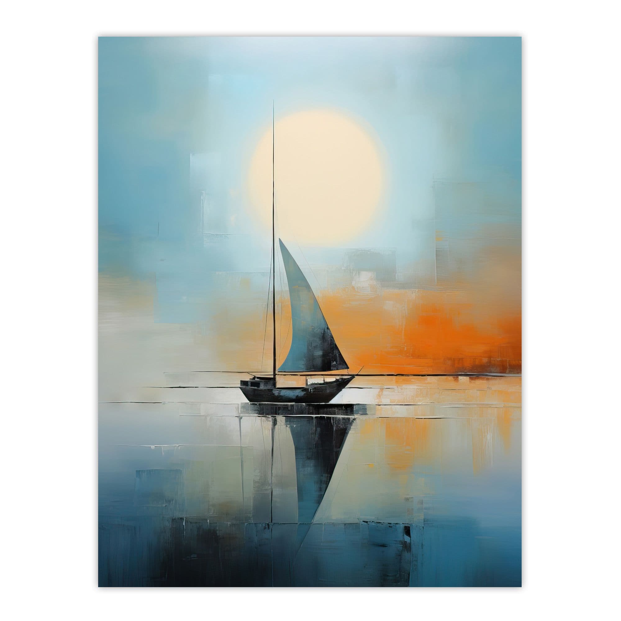 Seascape Modern Abstract Sailboat Boat Artwork Calm Elegant On Orange Unframed Wall Art Print Poster Home Decor Premium