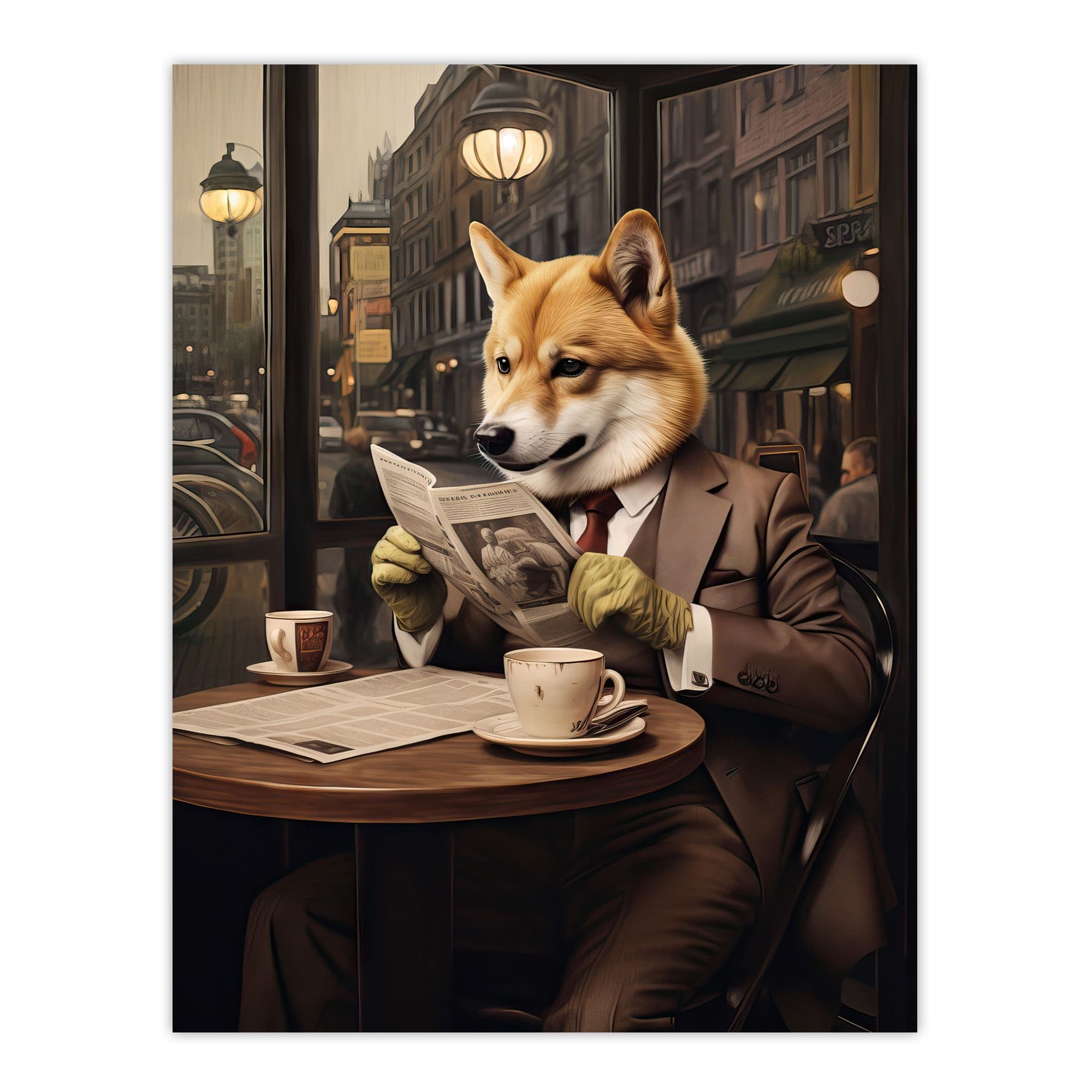 Shiba Inu Coffee Shop Cafe Reading Newspaper Formal Dress Unframed Wall Art Print Poster Home Decor Premium