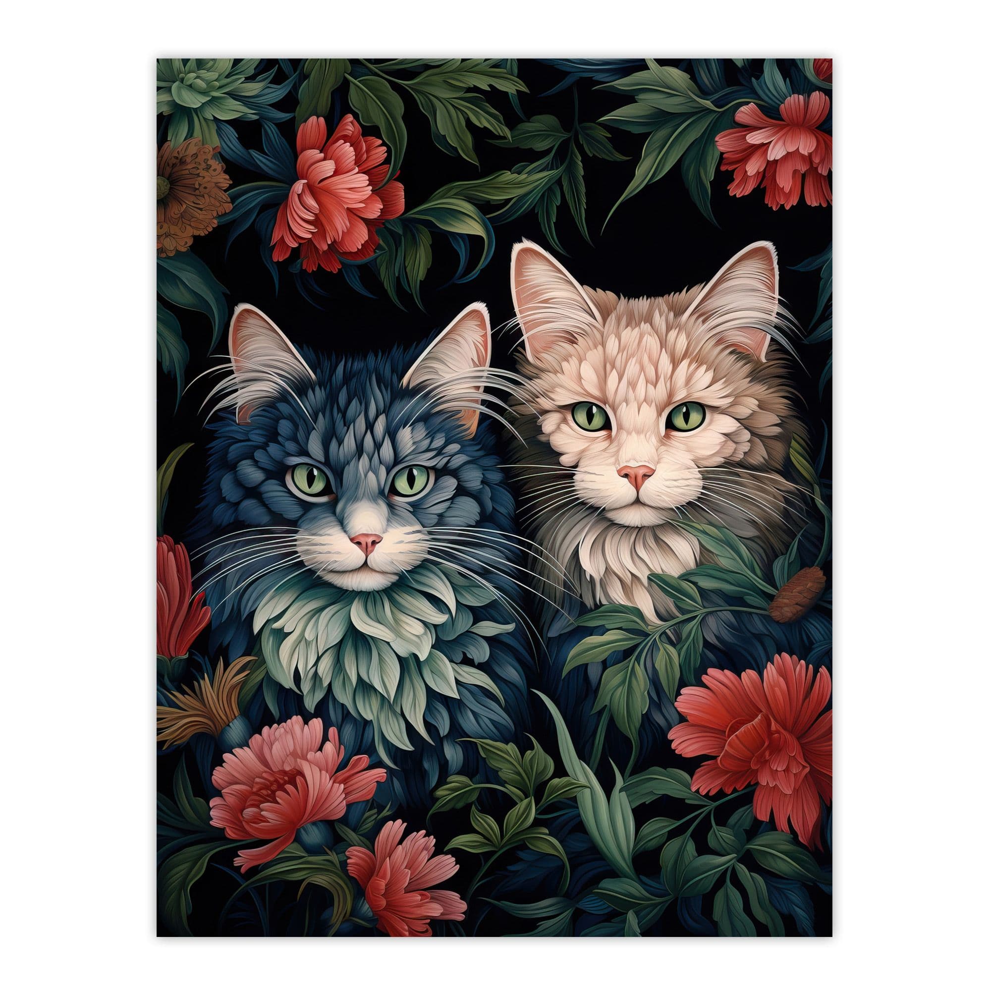 Cat Flowers Blend White Grey Blue Cats Red Flowers Floral Design Illustration Unframed Wall Art Print Poster Home Decor Premium