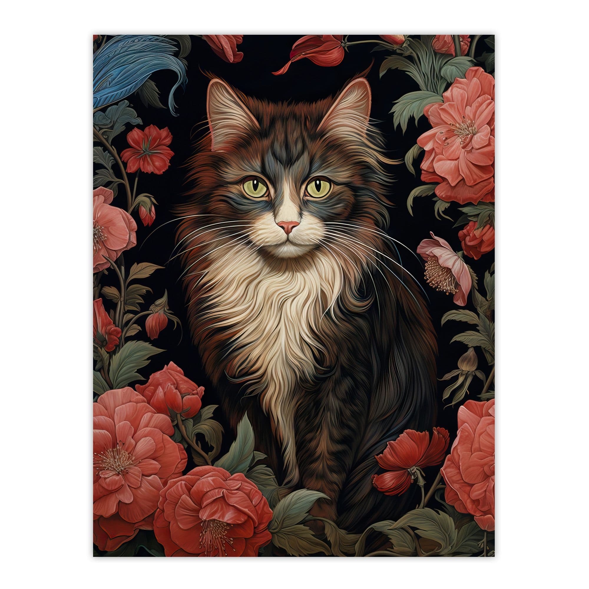 Stylish Maine Coon Cat Flower Garden Floral Design Illustration Artwork Unframed Wall Art Print Poster Home Decor Premium