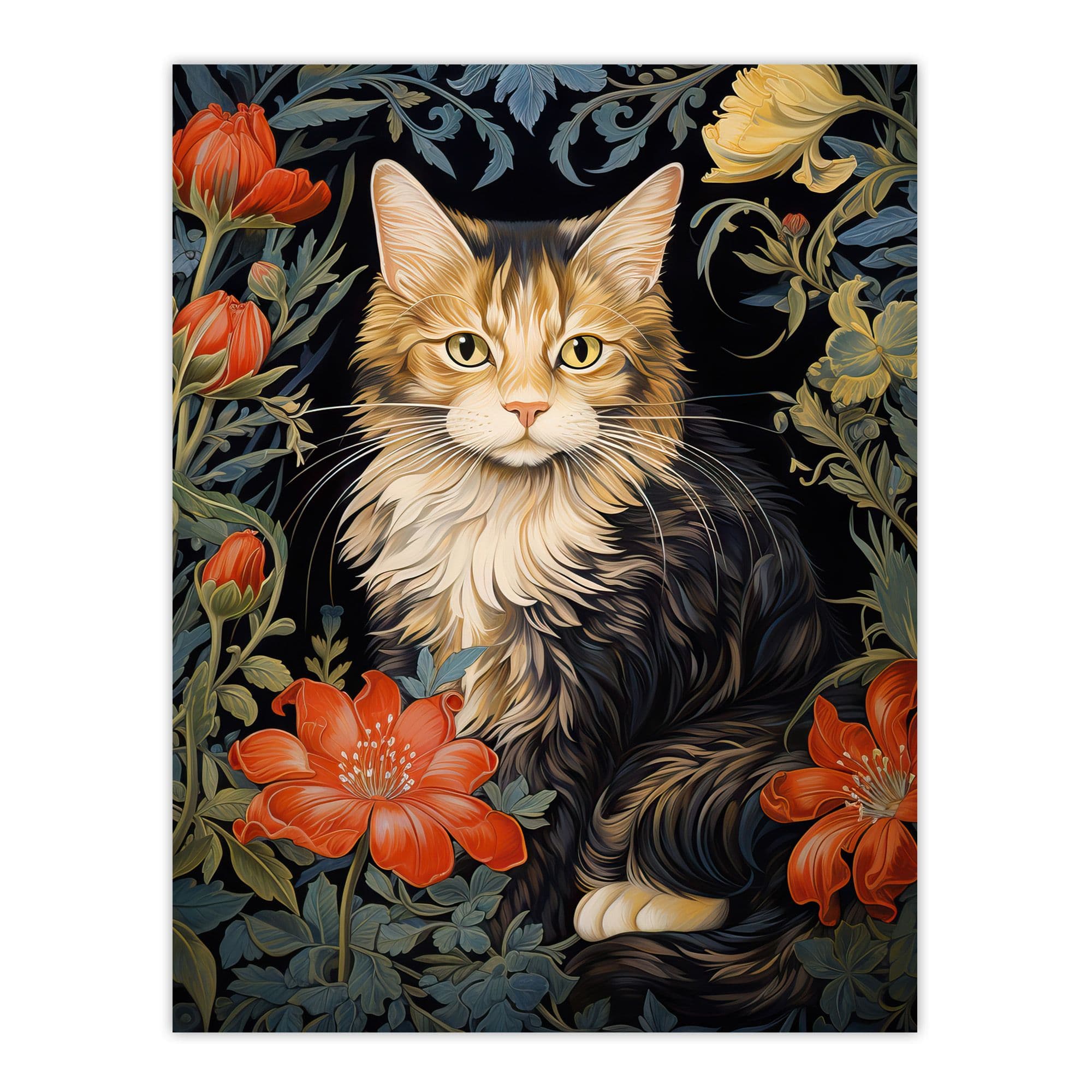 Stylish Maine Coon Cat Flowers Floral Design Illustration William Morris Style Unframed Wall Art Print Poster Home Decor Premium