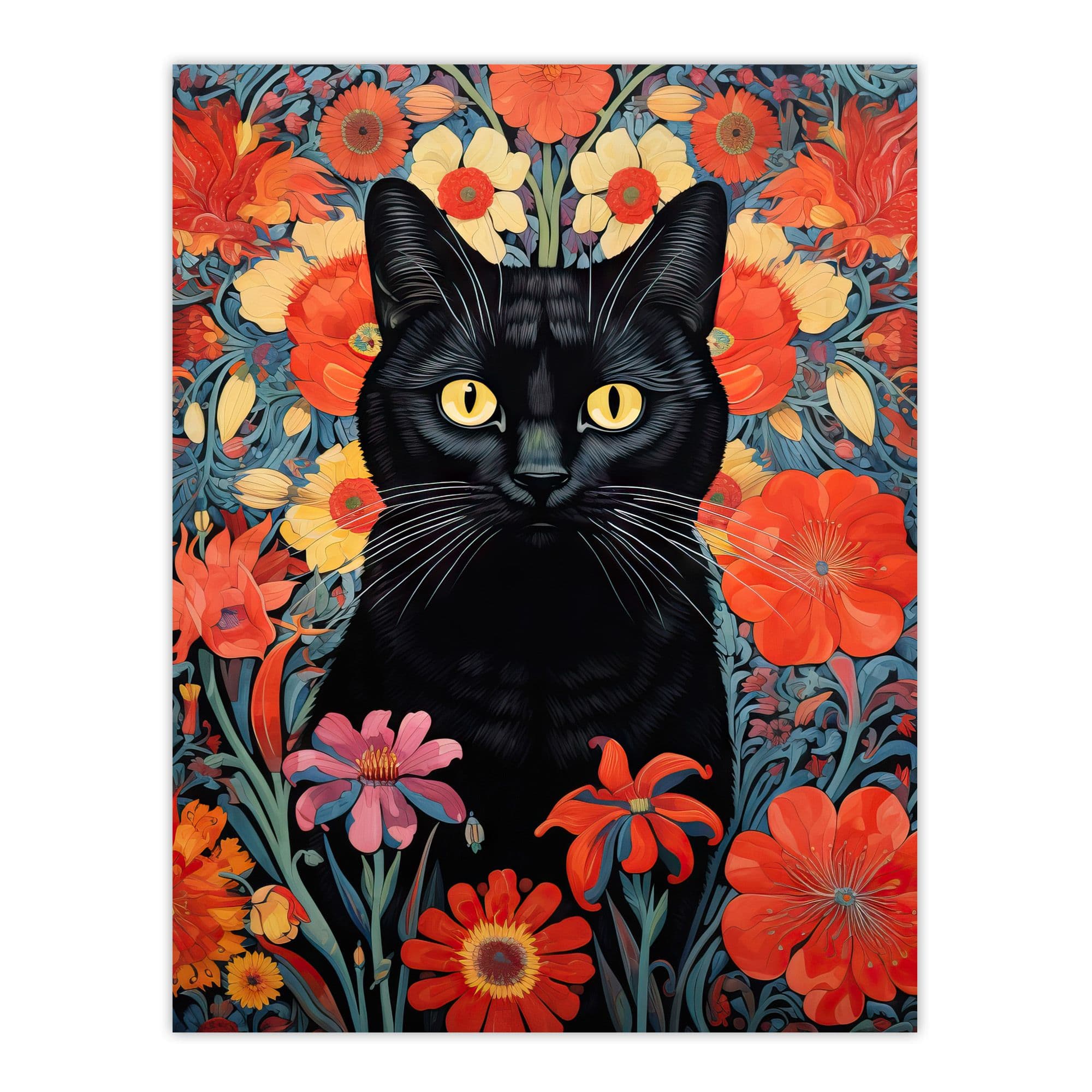 Stylish Black Cat On Red Flowers Floral Design Illustration Lucky Witch Unframed Wall Art Print Poster Home Decor Premium