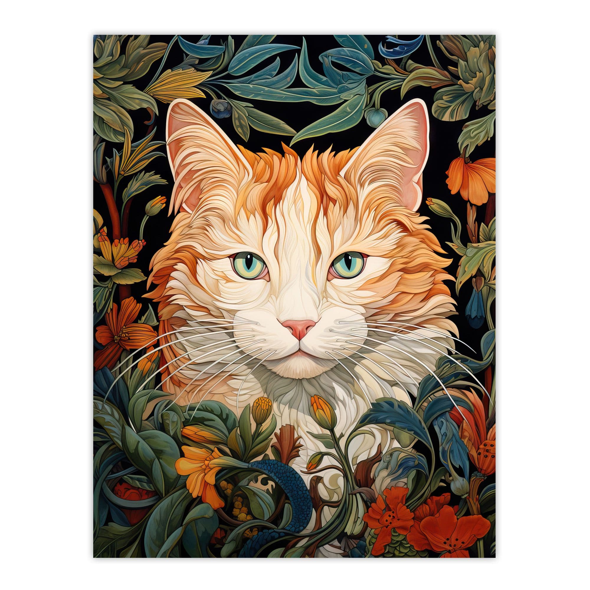 Fat Ginger Cat Foliage Flowers Floral Design Illustration Artwork Unframed Wall Art Print Poster Home Decor Premium