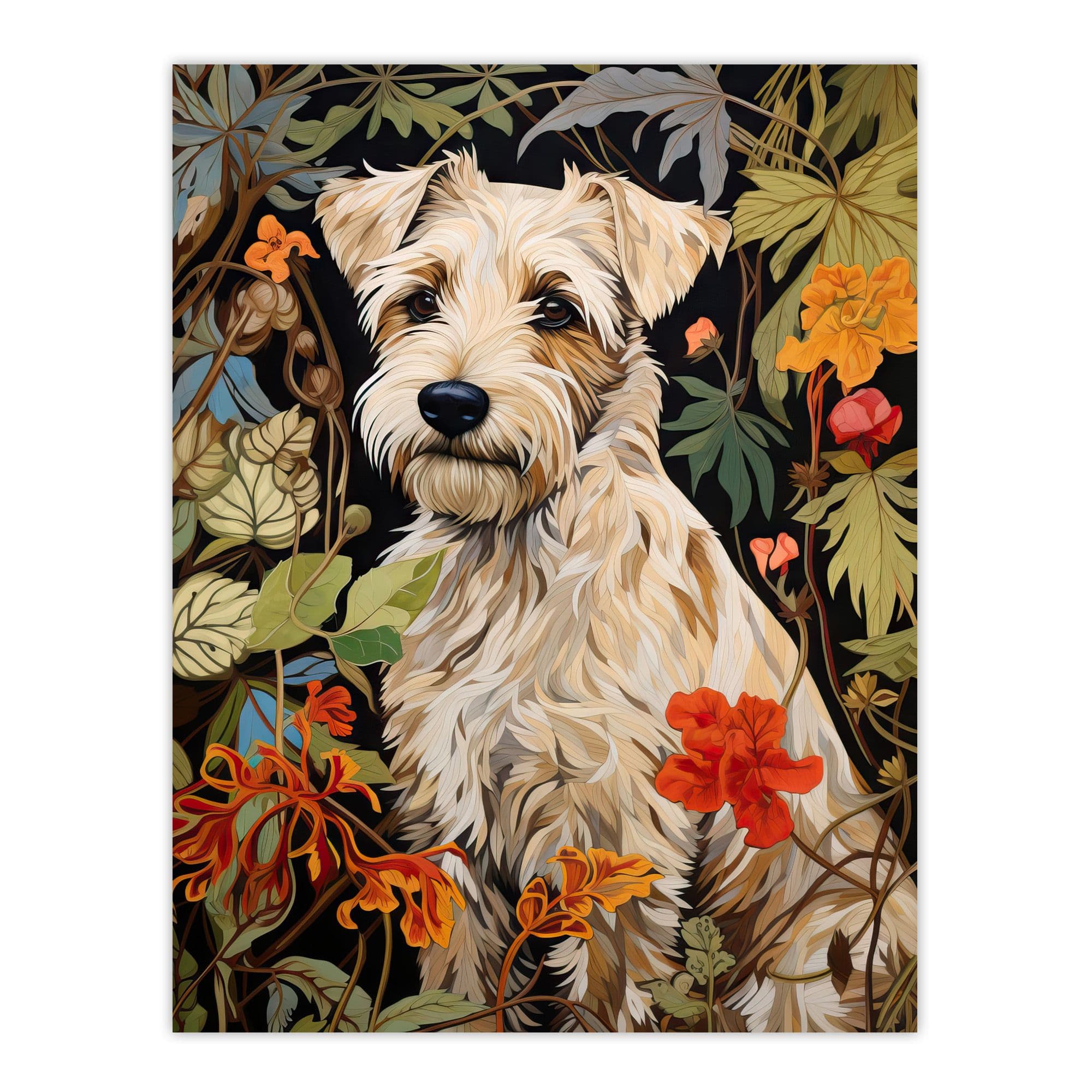 Cream Border Terrier On Elegant Floral Backdrop William Morris Style Jungle Flowers Artwork Unframed Wall Art Print Poster Home Decor Premium