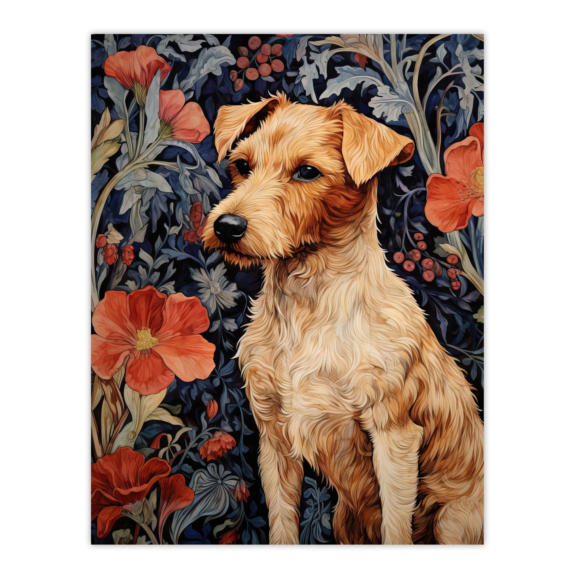 Fox Terrier On Elegant Poppy Floral Backdrop William Morris Style Pattern Artwork Unframed Wall Art Print Poster Home Decor Premium