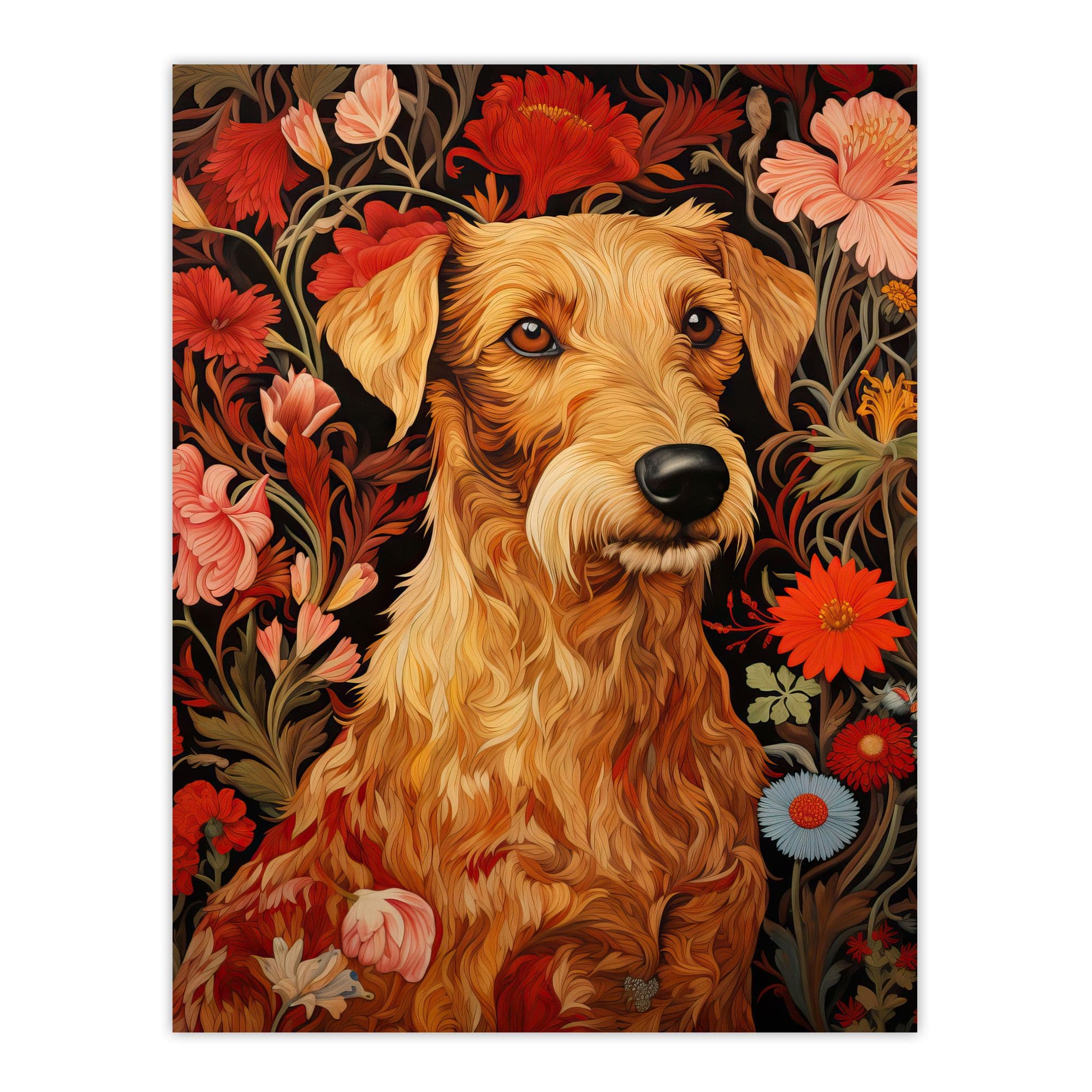 Bright Bold Flowers Golden Terrier Dog On Elegant Floral Backdrop William Morris Style Pattern Artwork Unframed Wall Art Print Poster Home Decor P
