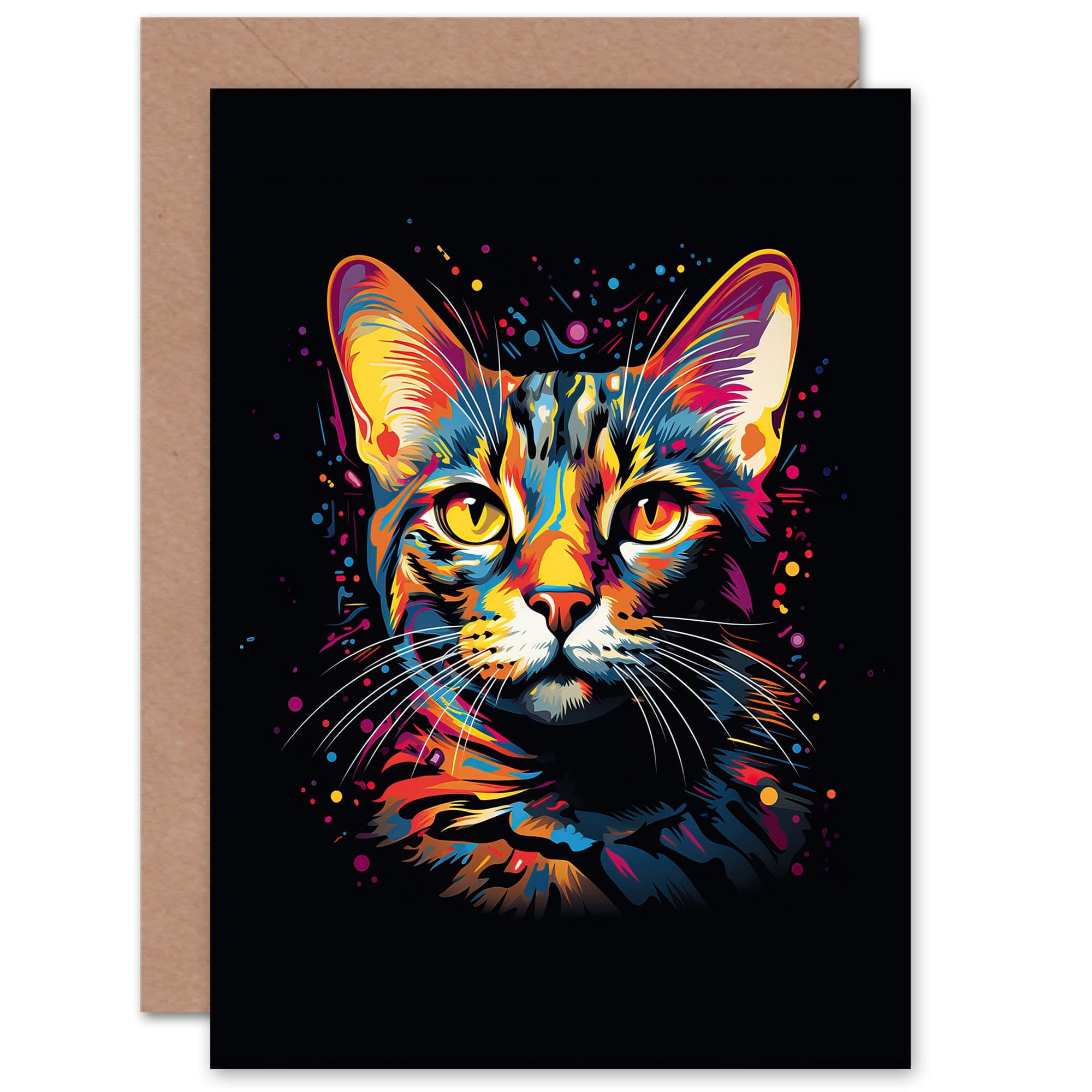 Bengal Cat Lover Gift Pet Portrait Orange Purple Blue on Artwork Painting Greeting Card