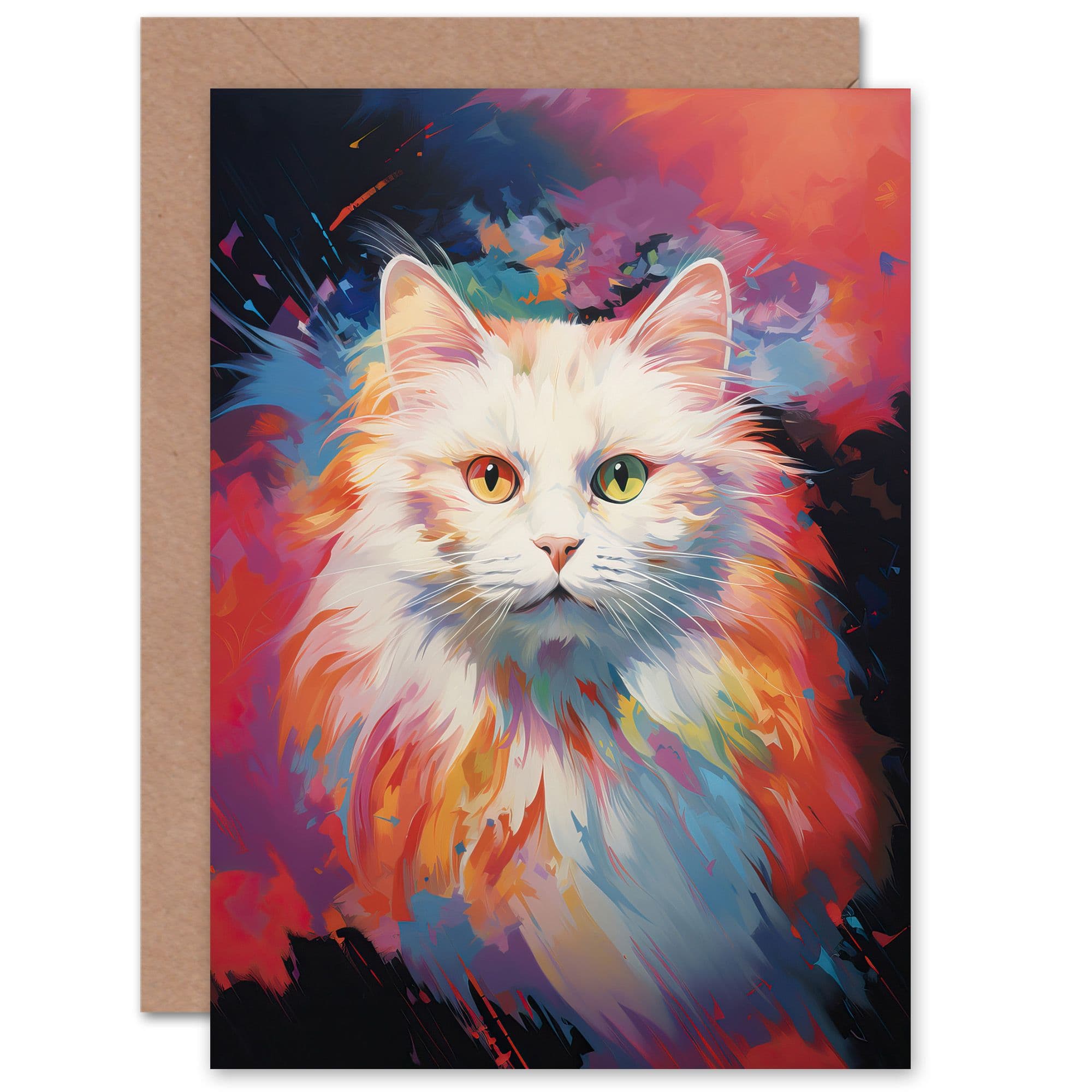 White Birman Cat Lover Gift Pet Portrait Pastel Colour Purple Pink Blue Artwork Painting Greeting Card