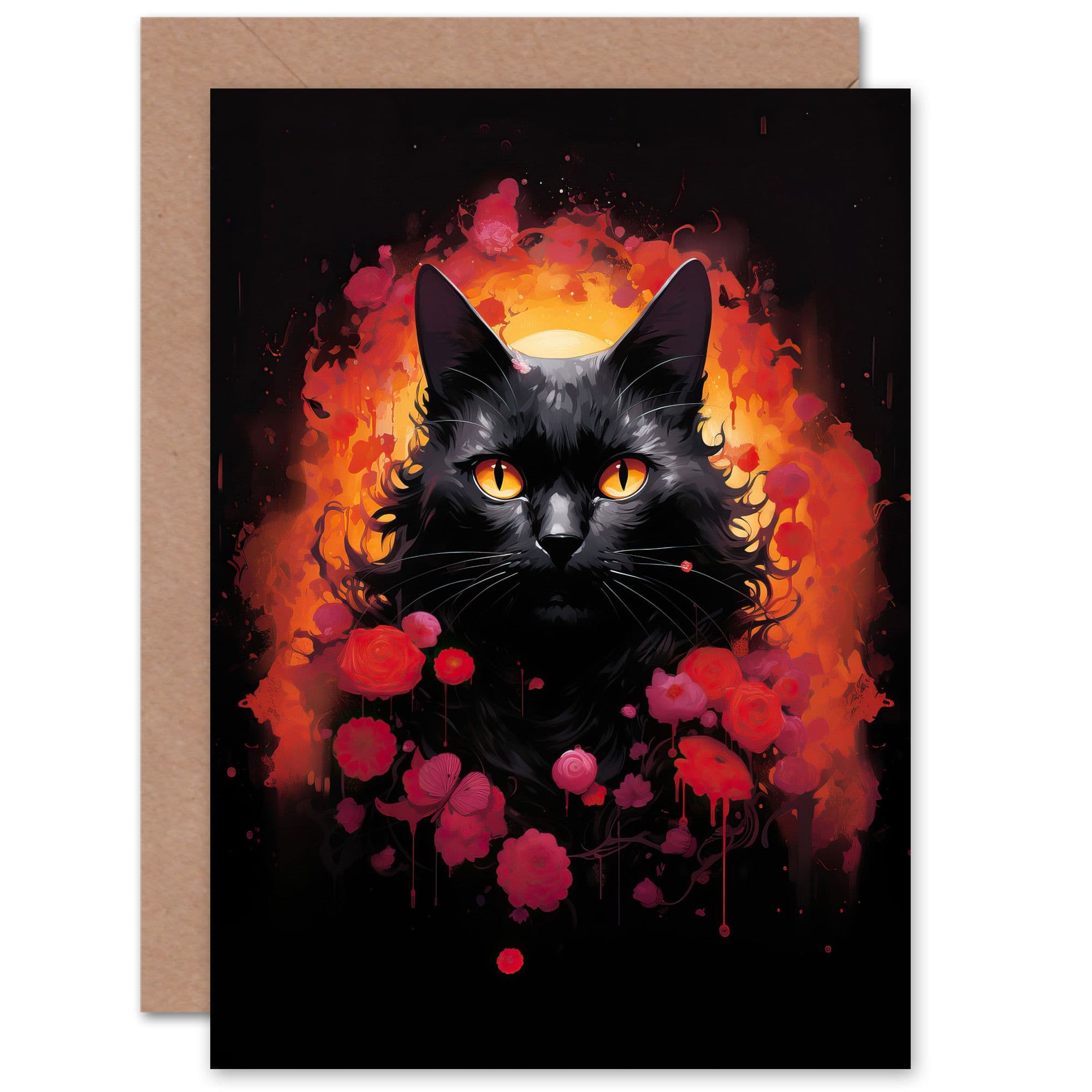 Cat Lover Gift Pet Portrait Red Roses Orange Flames Artwork Painting Greeting Card