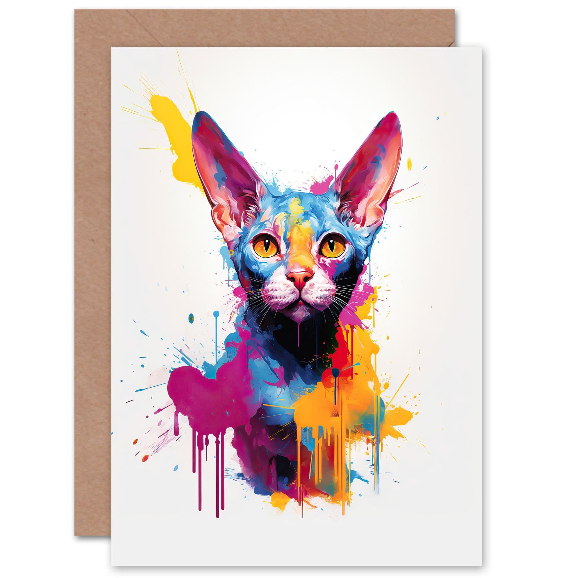 Devon Rex Cat Lover Gift Pet Portrait Purple Orange Artwork Painting Greeting Card