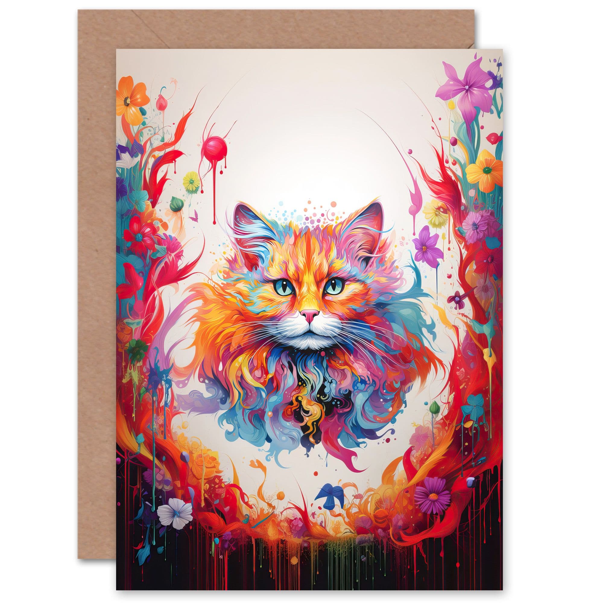 Floofster Fluffy Cat Lover Pet Gift Portrait Pink Blue Orange Fantasy Artwork Painting Greeting Card