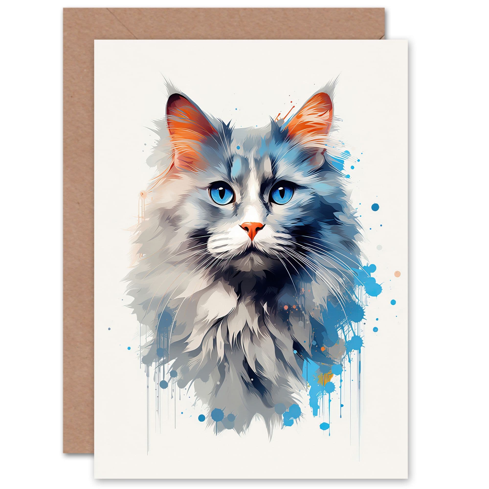 Grey Point Ragdoll Eyes Cat Lover Gift Pet Portrait Bright Artwork Painting Greeting Card