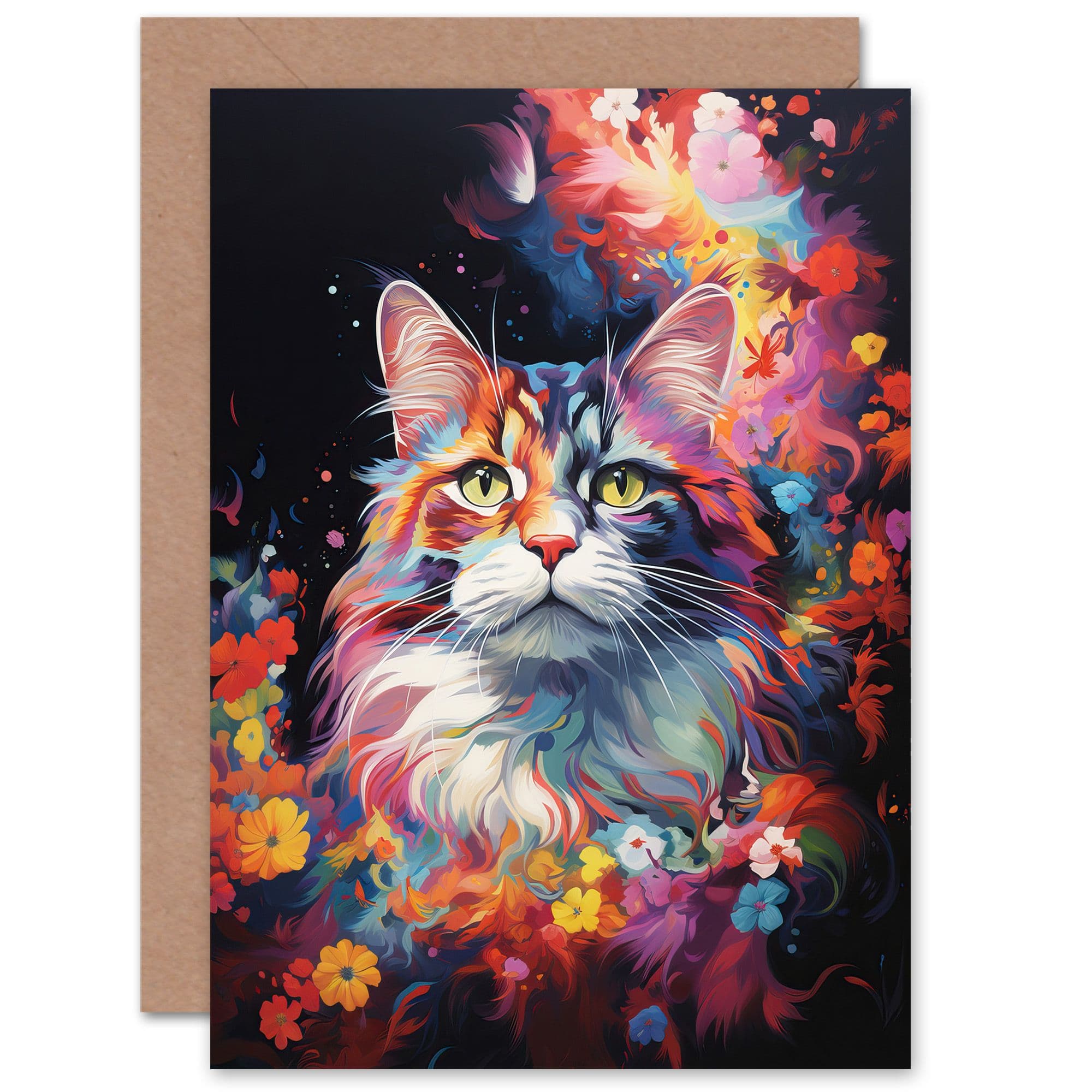 Norwegian Forest Cat Lover Gift Pet Portrait Colourful Artwork Painting Greeting Card