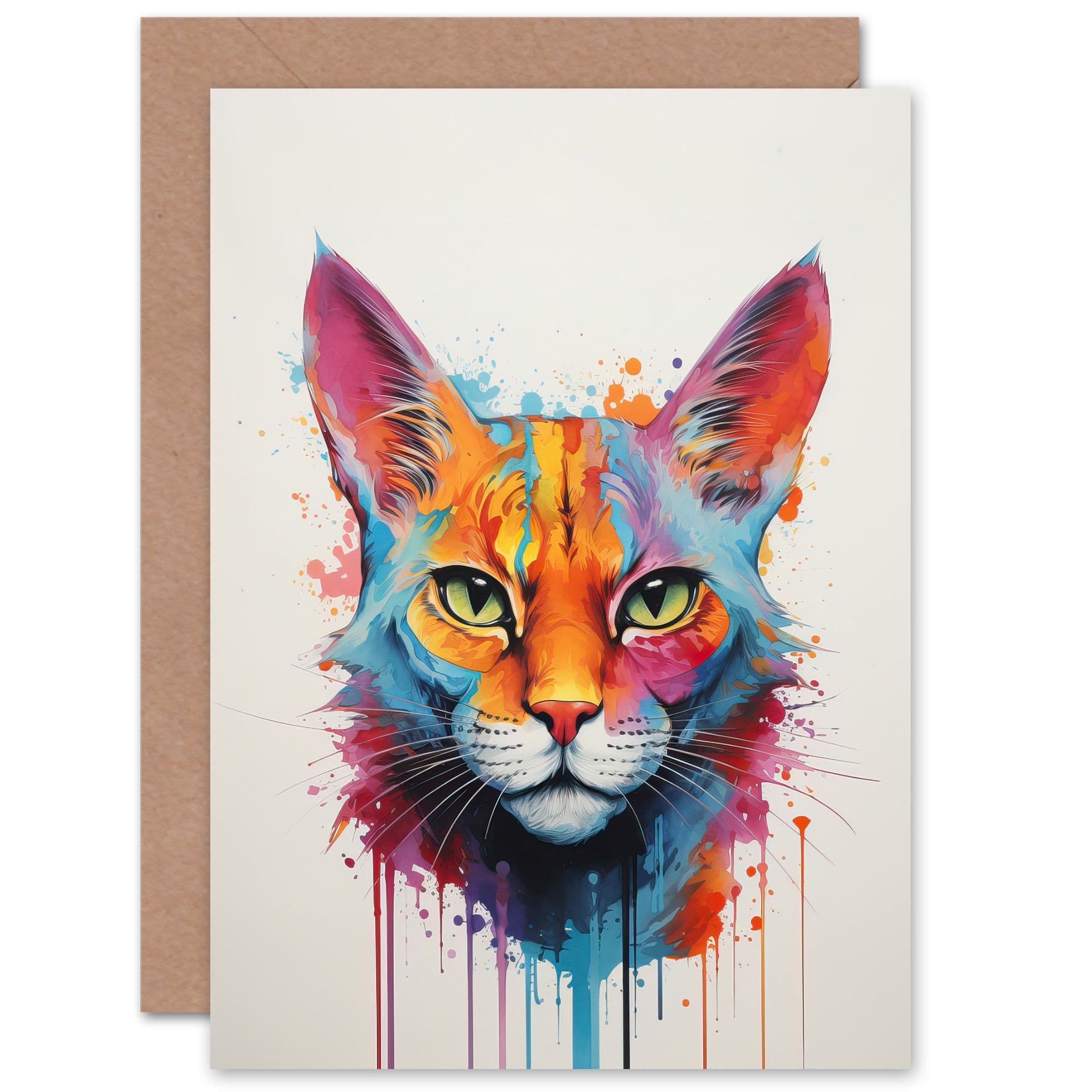 Ocicat Cat Lover Gift Pet Portrait Orange Blue Pink Artwork Painting Greeting Card
