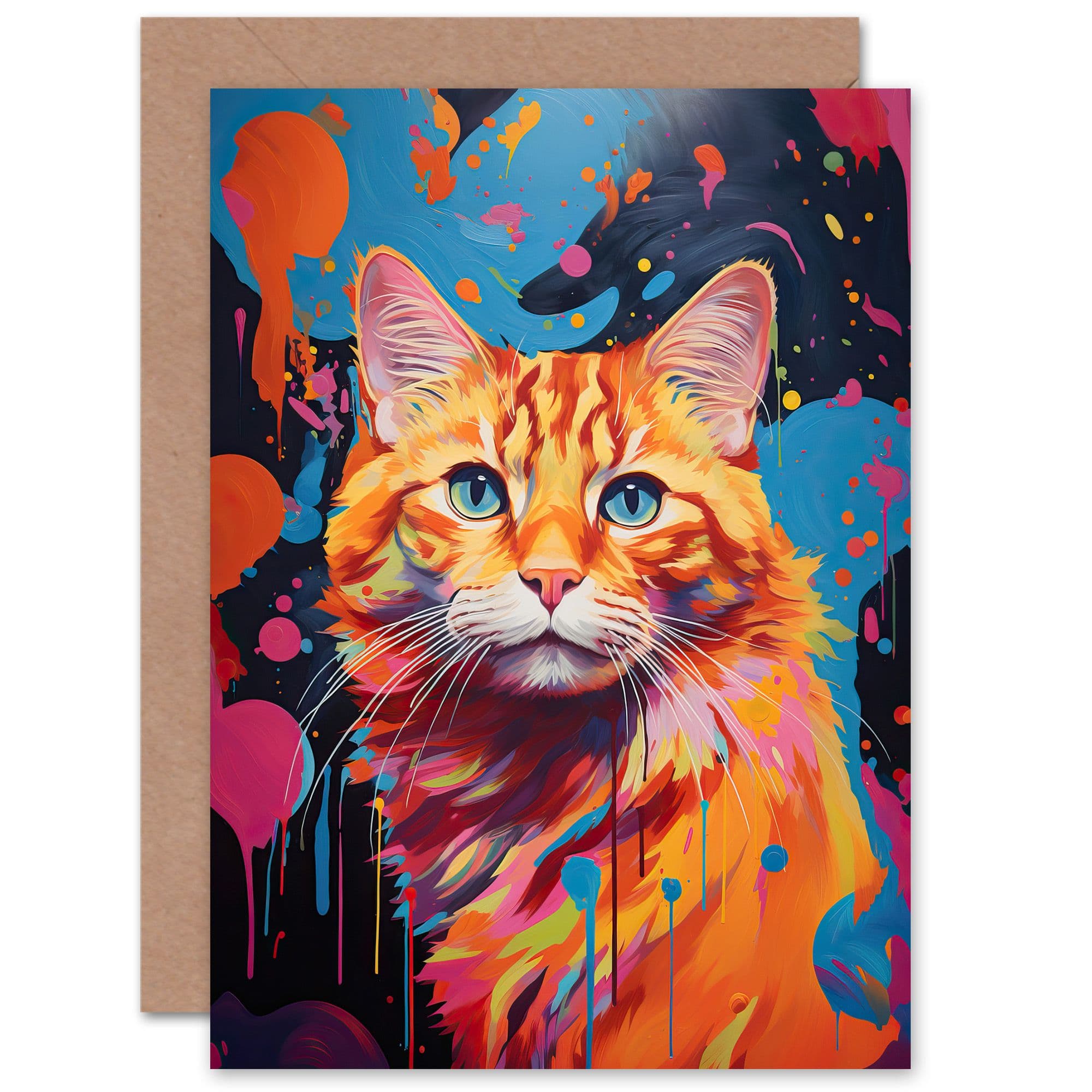 Orange Tabby Cat Lover Gift Pet Portrait Abstract Pink Artwork Painting Greeting Card
