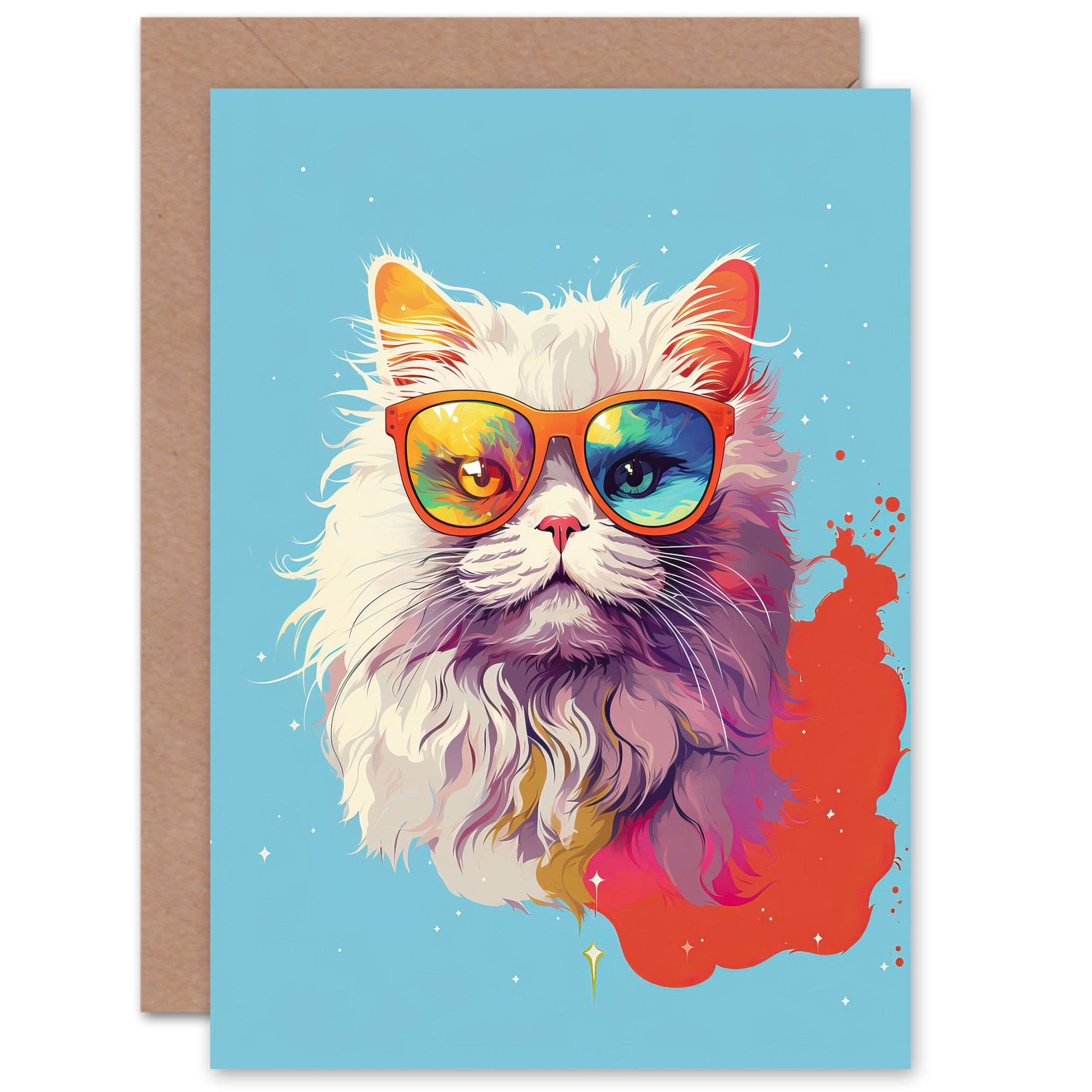 Persian Cat with Retro Sunglasses Gift Pet Portrait Baby Blue Orange Purple Artwork Painting Greeting Card