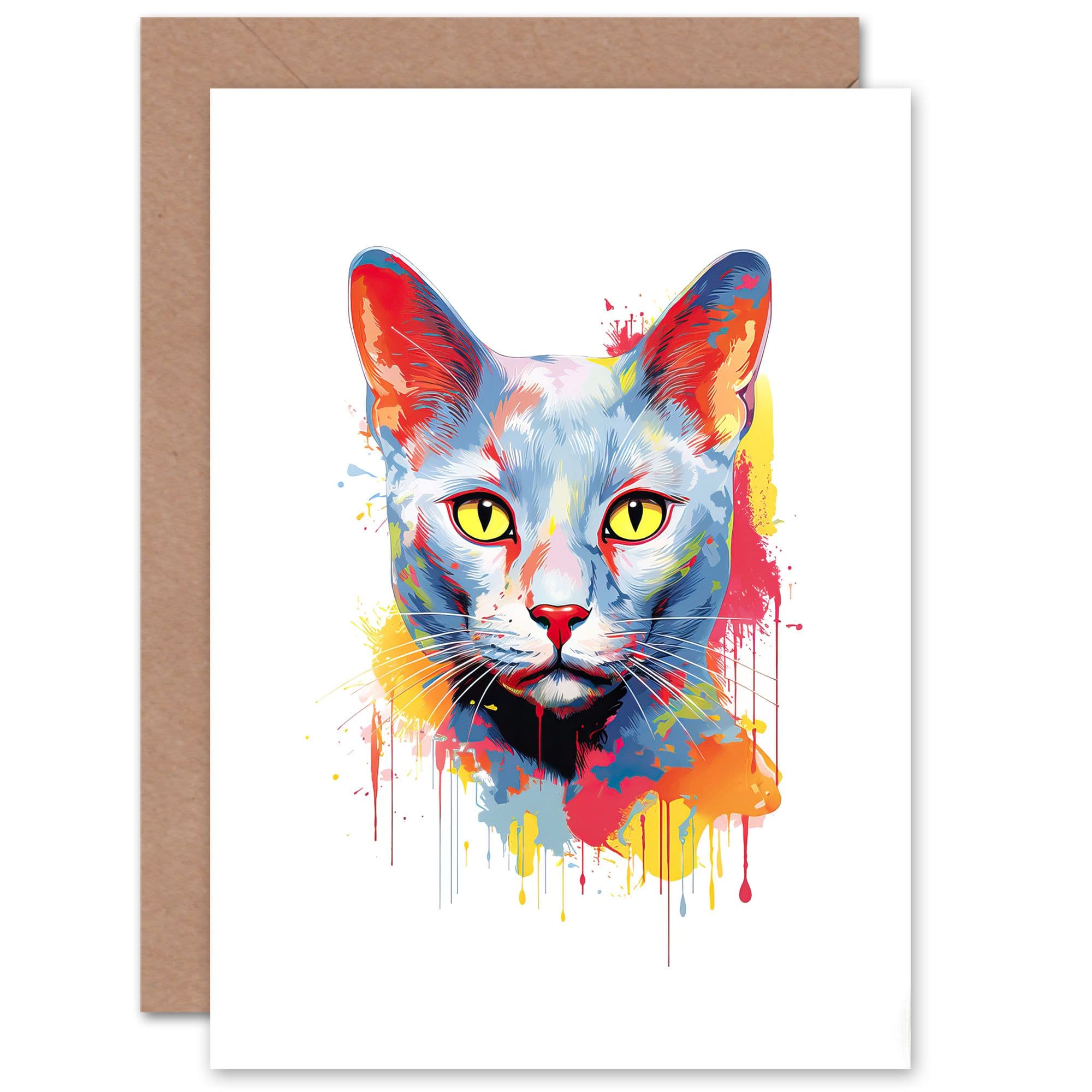 Russian Cat Lover Gift Pet Portrait Orange Yellow Artwork Painting Greeting Card