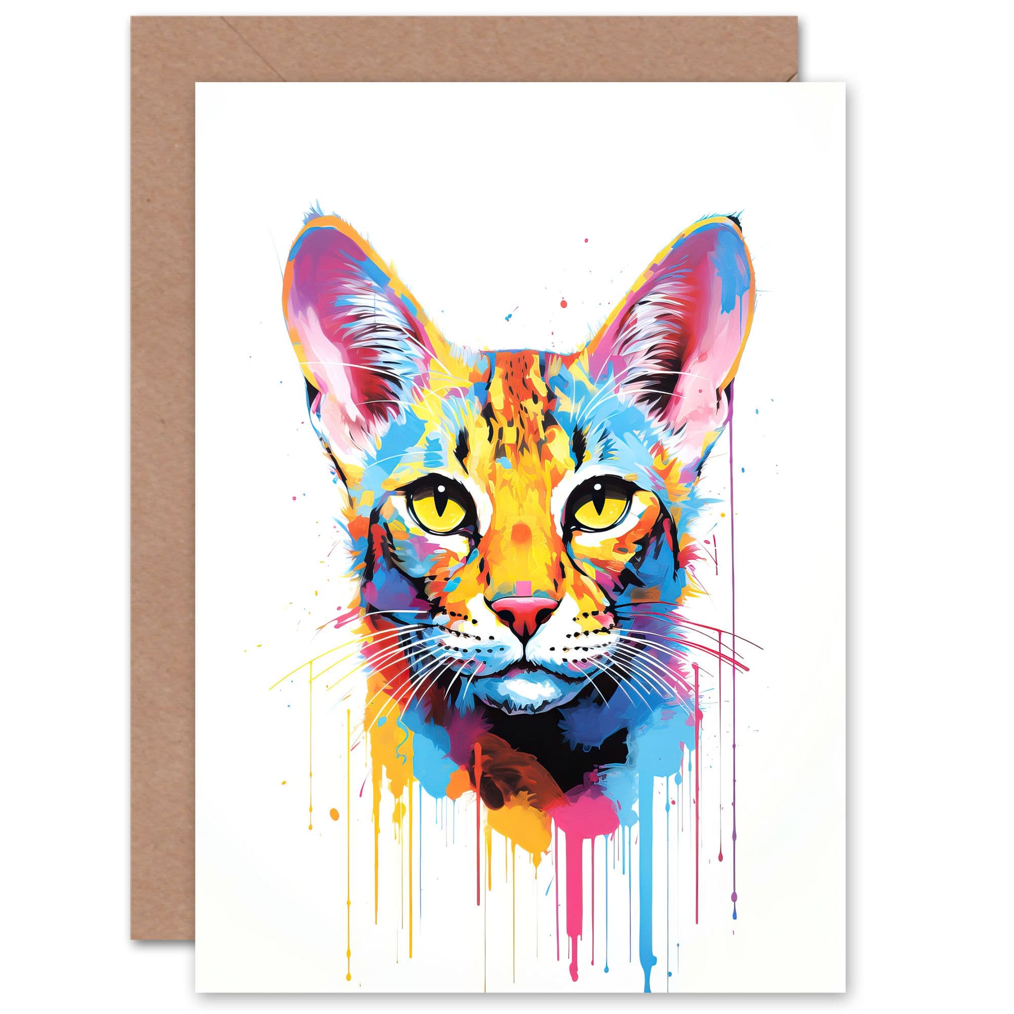 Savannah Cat Lover Gift Pet Portrait Orange Blue Pink Artwork Painting Greeting Card