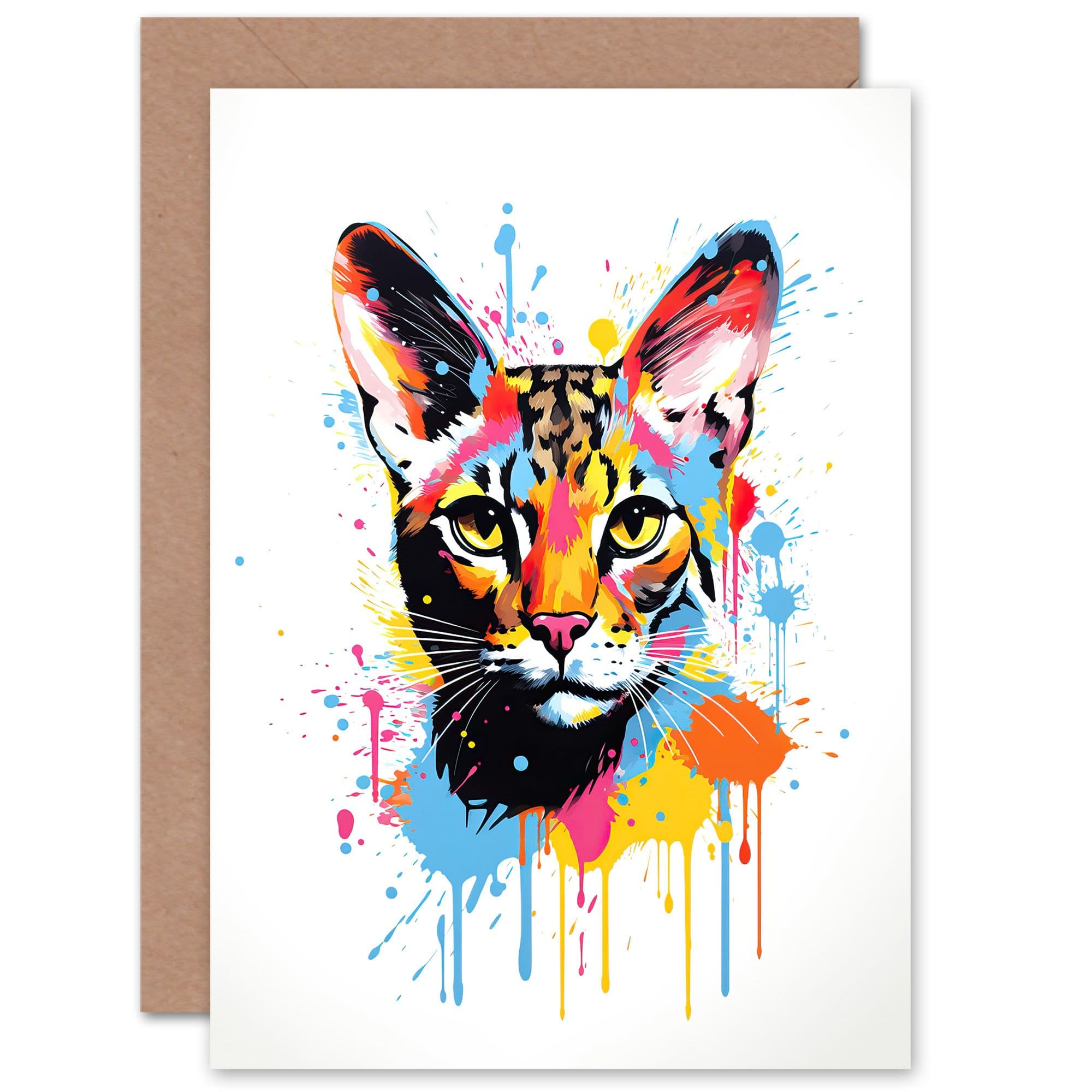 Serval Cat Lover Gift Pet Portrait Orange Blue Pink Artwork Painting Greeting Card