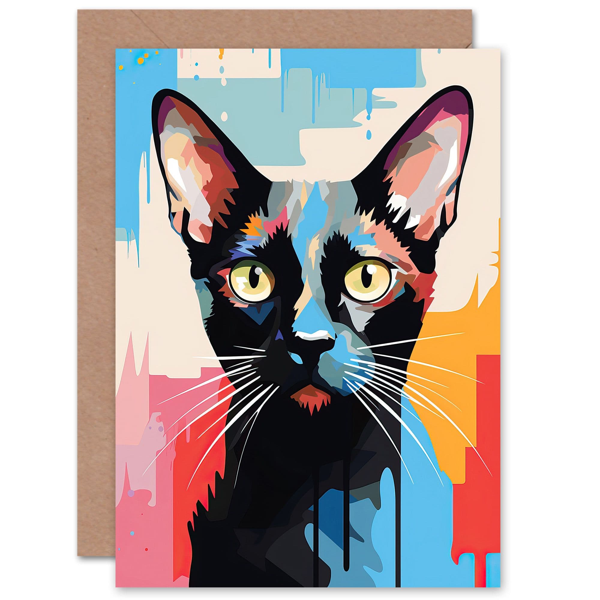 Siamese Cat Lover Gift Pet Portrait Orange Pink Artwork Painting Greeting Card