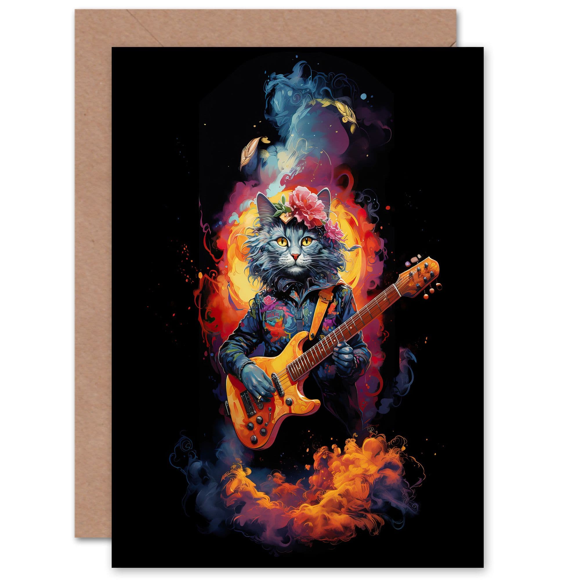 Smelly Cat Lover Gift Pet Portrait Guitar Conceptual Orange Purple Artwork Painting Greeting Card