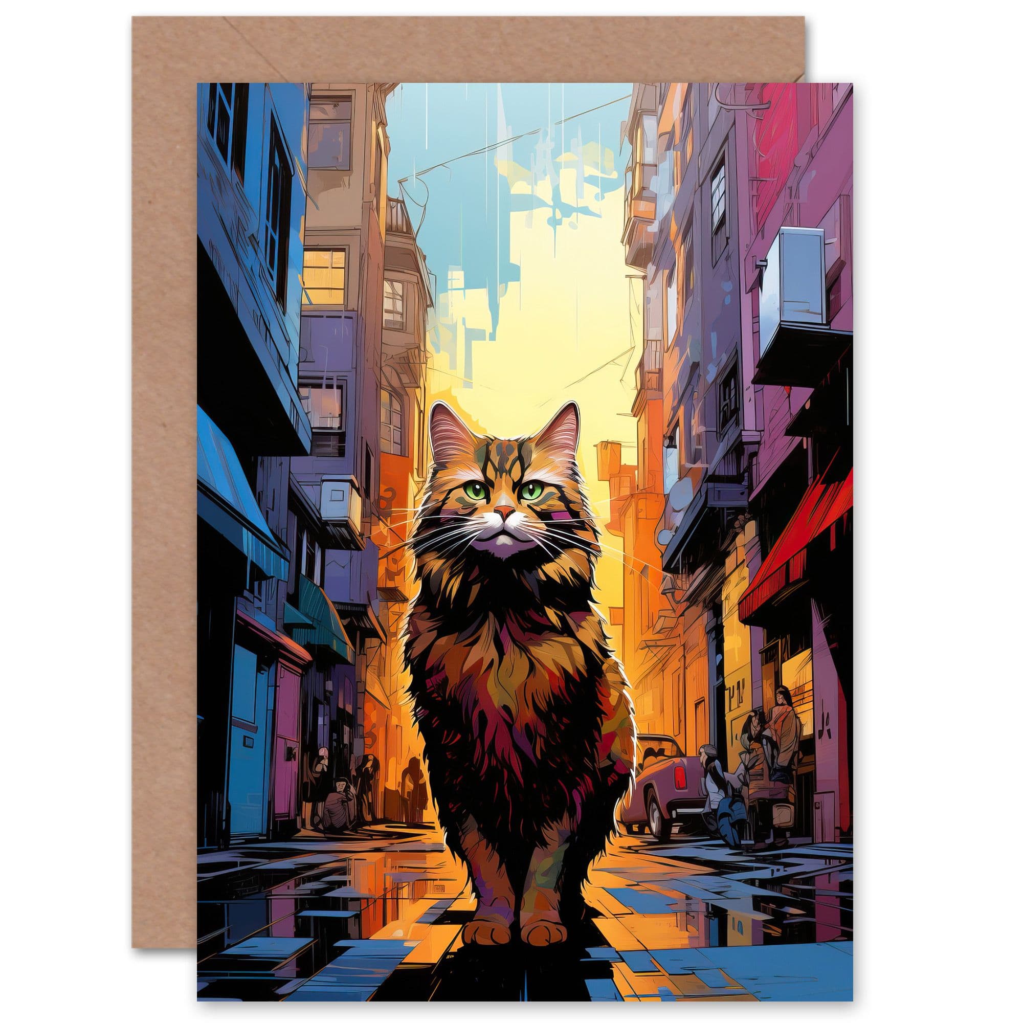 Street Cat Lover Gift Pet Portrait City Sunset Artwork Painting Greeting Card