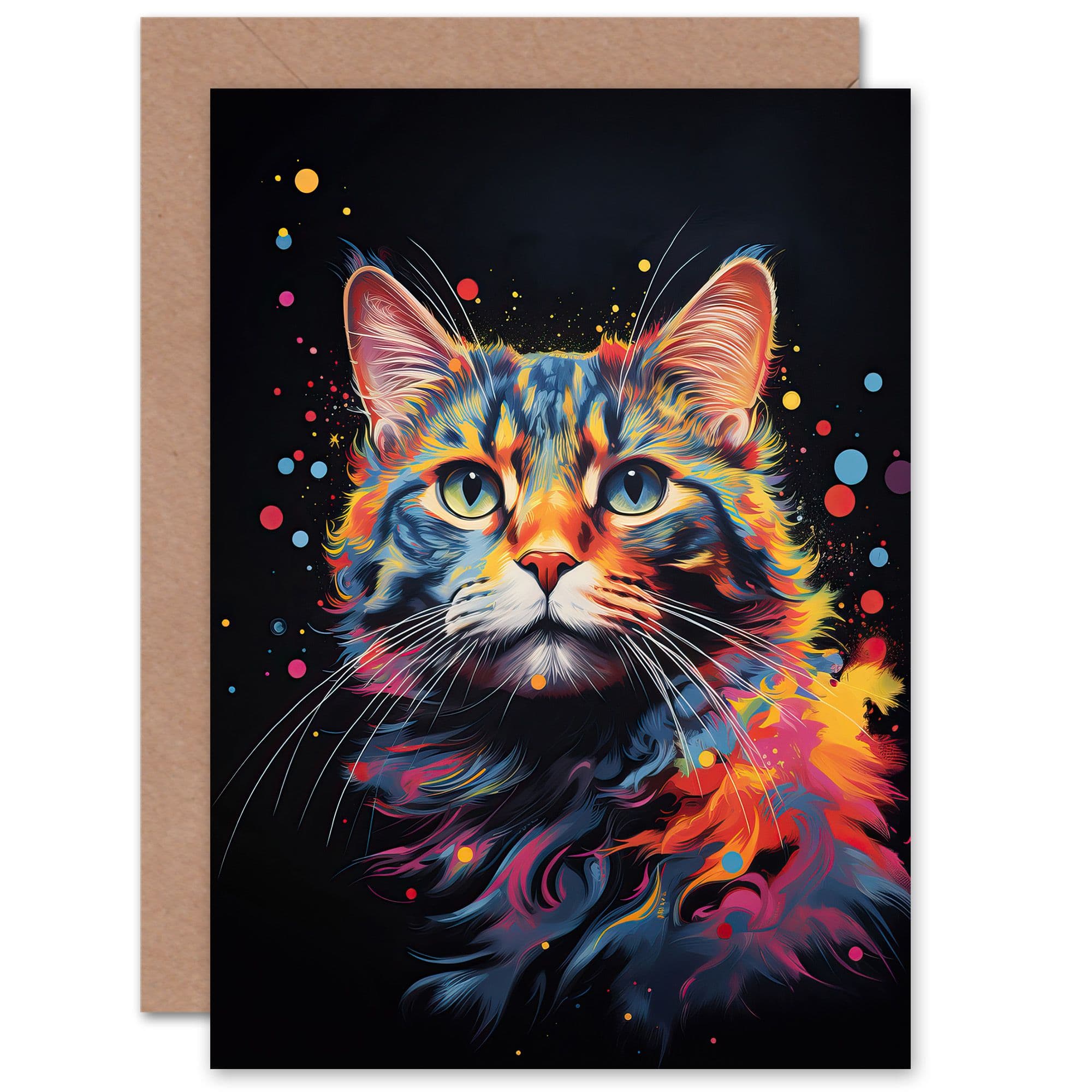 Tabby Cat Lover Gift Pet Portrait Blue Pink Orange on Artwork Painting Greeting Card