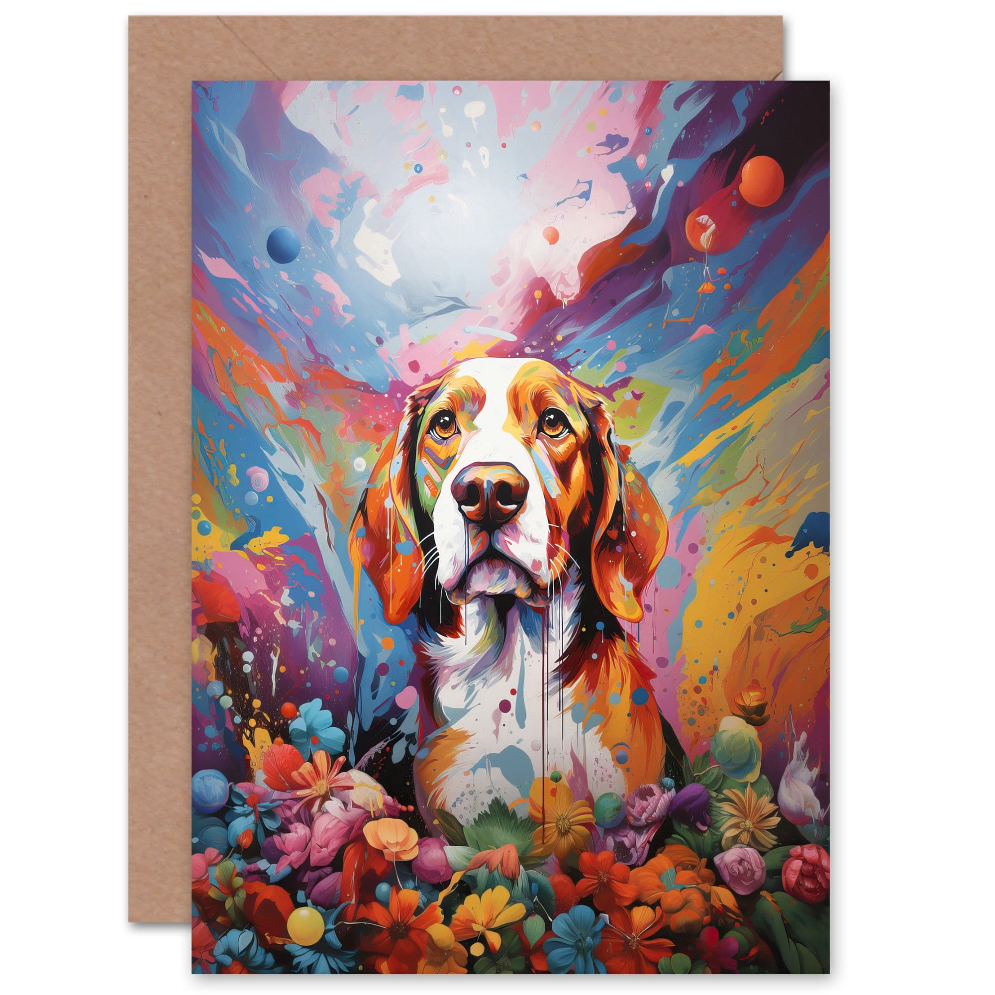 Beagle Dog Lover Gift Pet Portrait Colourful Sky Artwork Painting Greeting Card