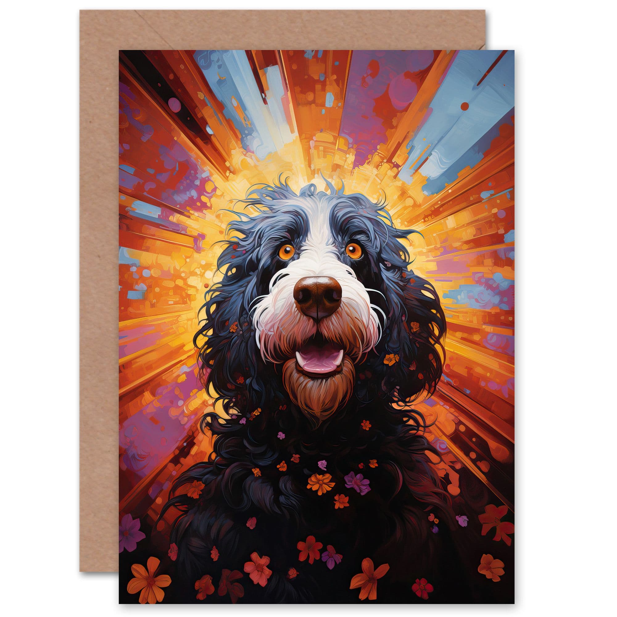 Cocker Poo Dog Lover Gift Pet Portrait Orange Purple Artwork Painting Greeting Card