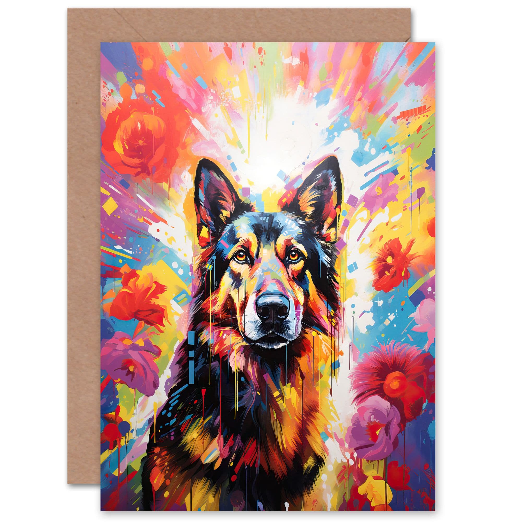 German Shepherd Dog Lover Gift Pet Portrait Colourful Bright Artwork Painting Greeting Card