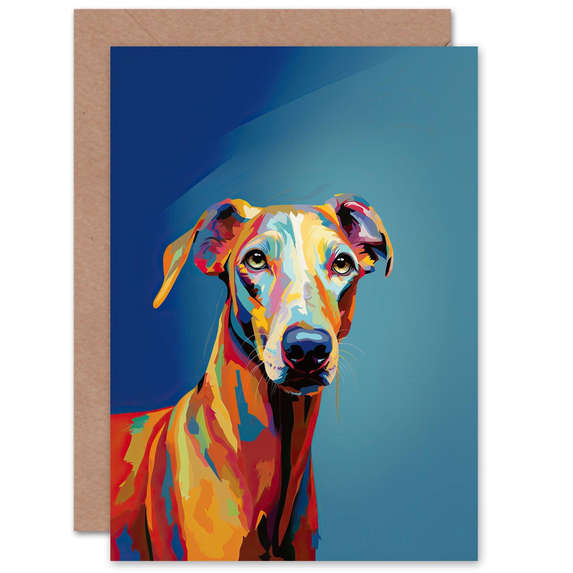Greyhound Dog Lover Gift Pet Portrait Orange Blue Artwork Painting Greeting Card
