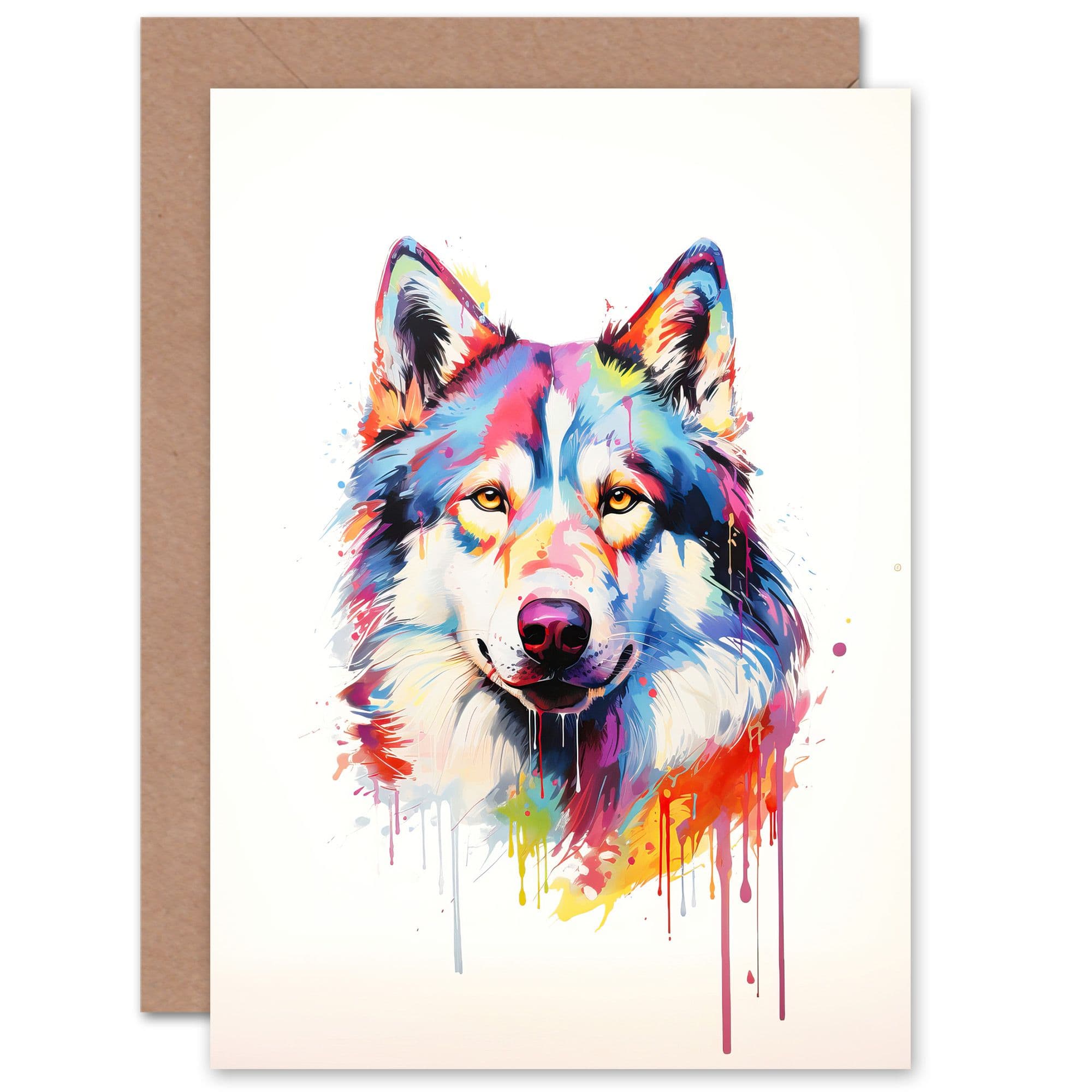 Husky Dog Lover Gift Pet Portrait Rainbow Colours Artwork Painting Greeting Card