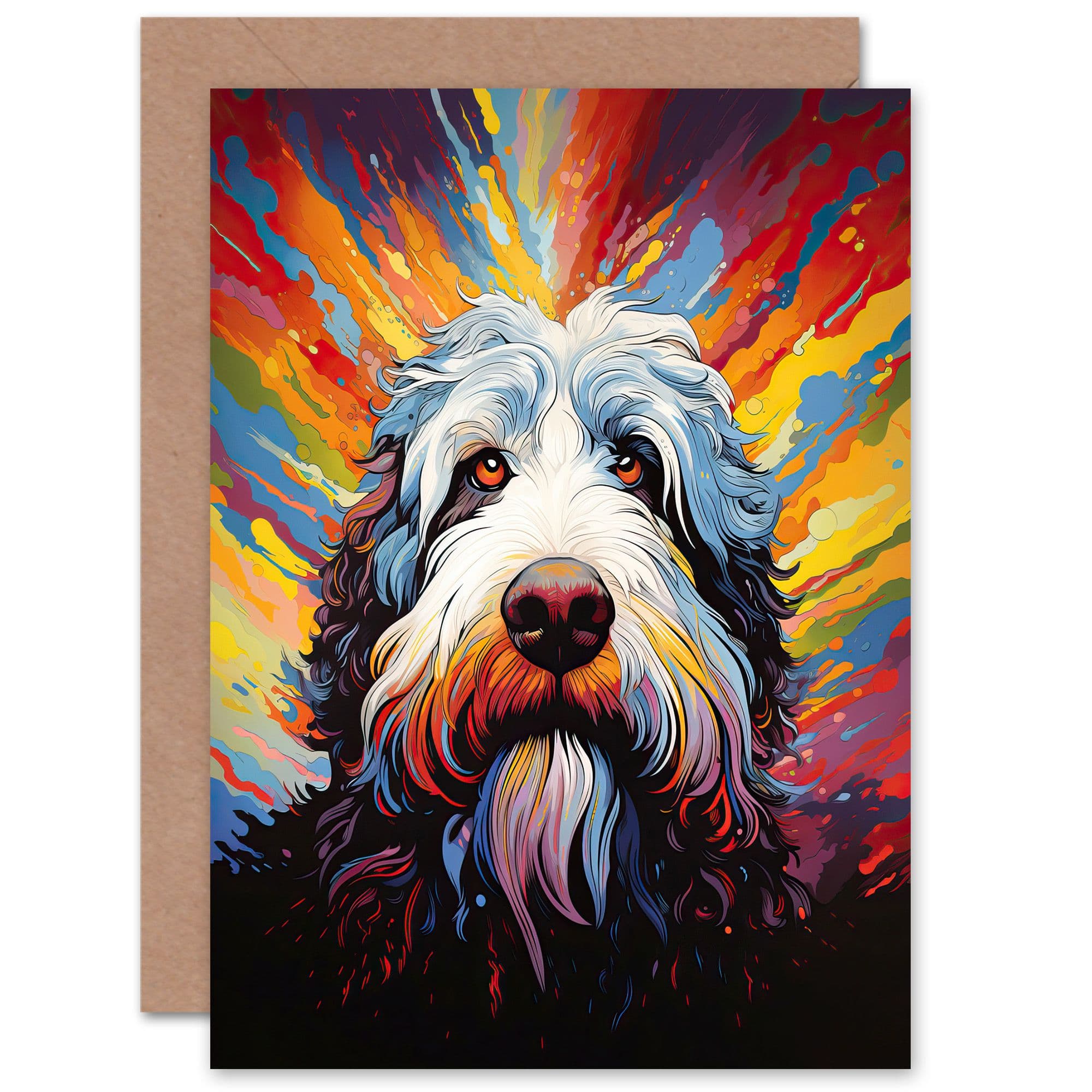 Old English Sheep Dog Lover Gift Pet Portrait Colourful Artwork Painting Greeting Card