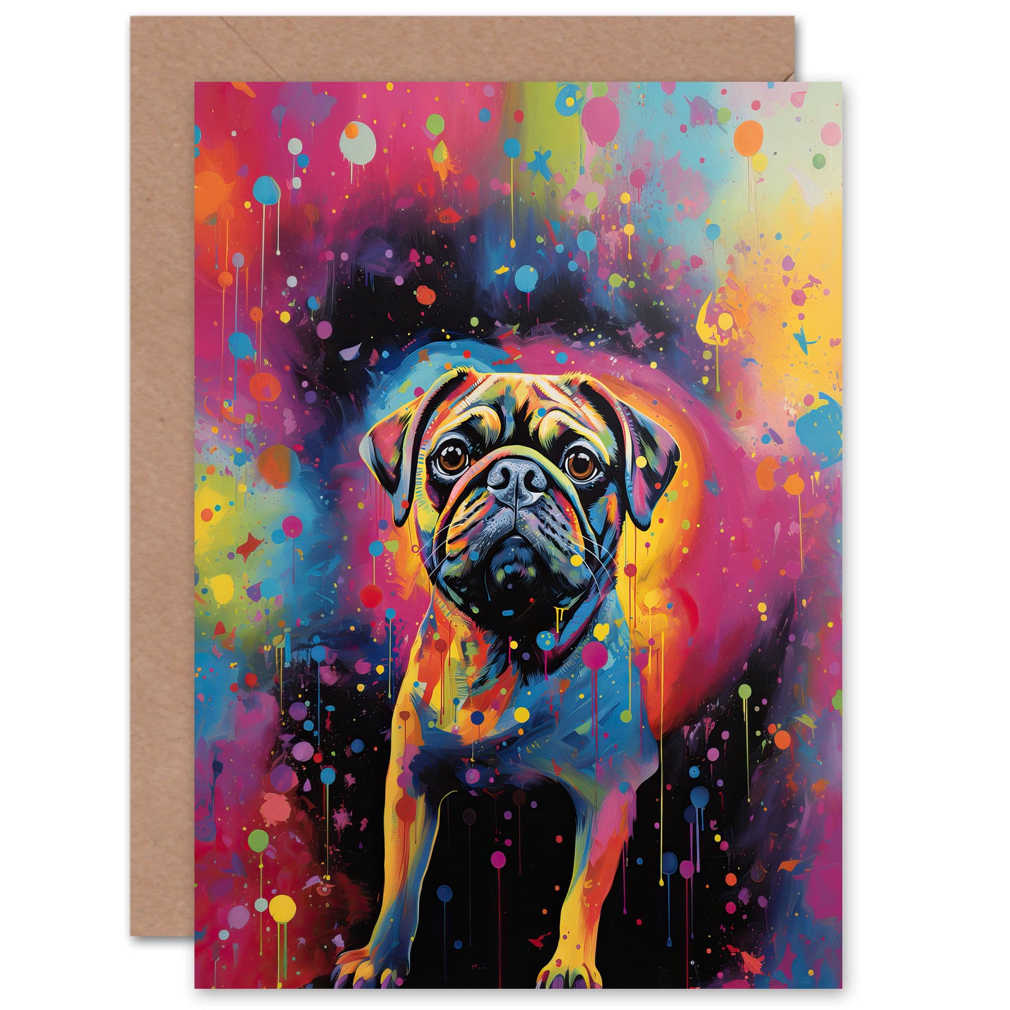 Pug Dog Lover Gift Pet Portrait Colourful Neon Artwork Painting Greeting Card