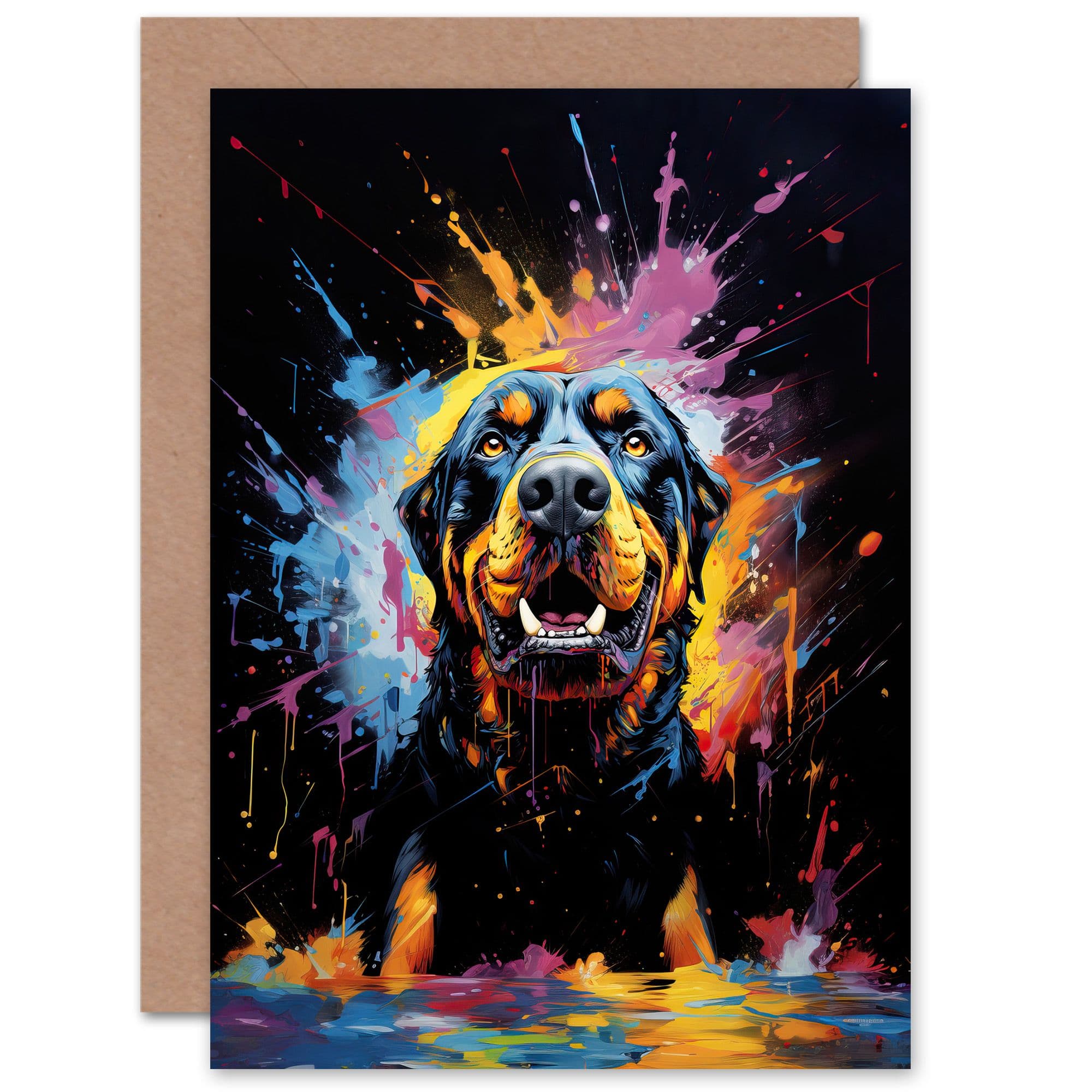 Rottweiler Dog Lover Gift Pet Portrait Orange Purple Artwork Painting Greeting Card