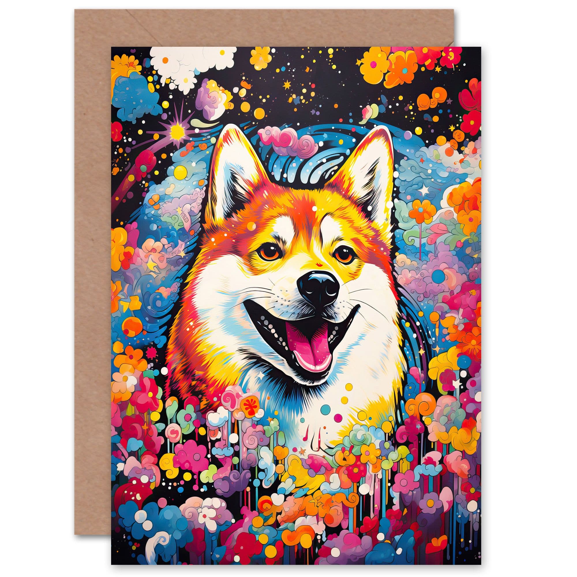 Shiba Inu Dog Lover Gift Pet Portrait Colourful Artwork Painting Greeting Card