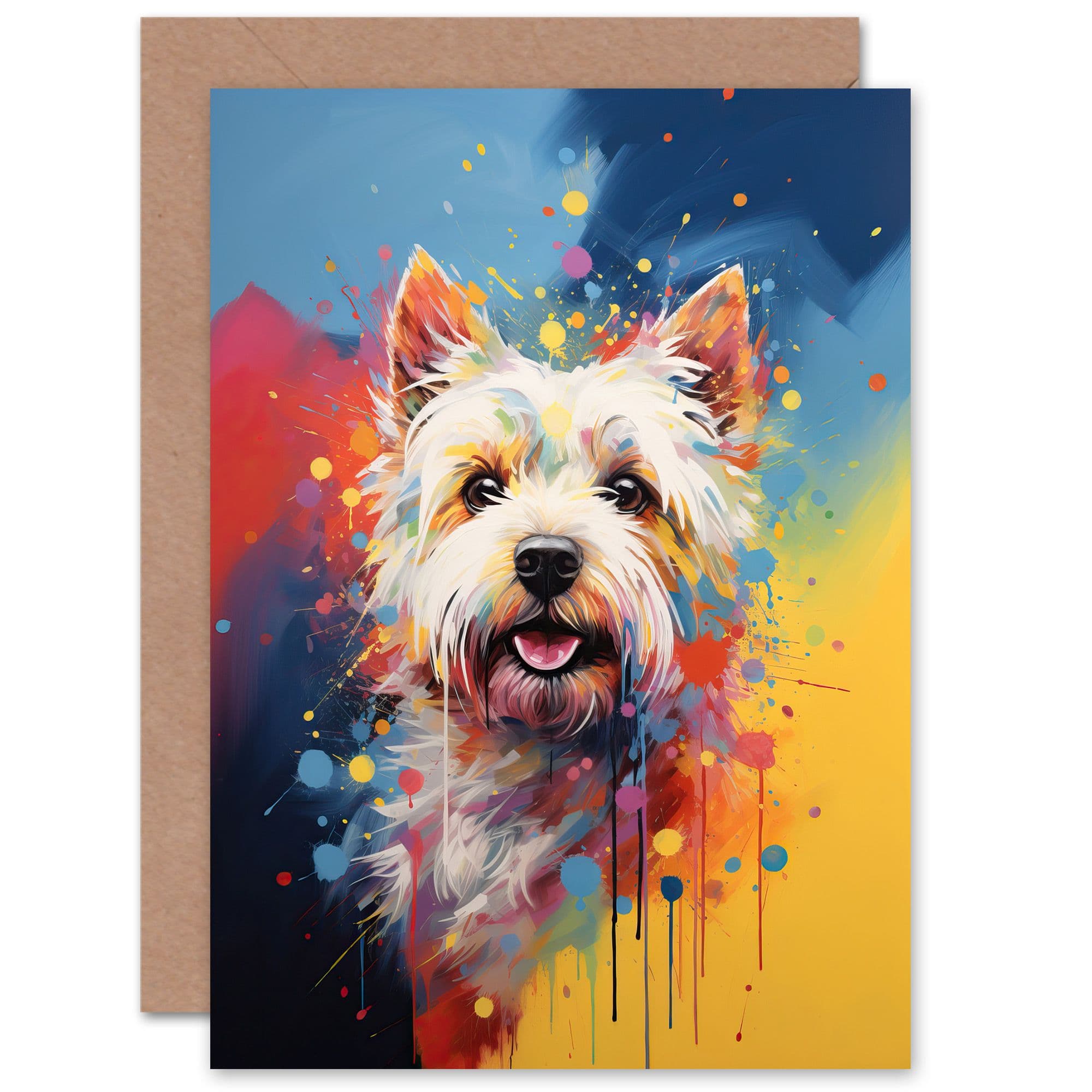 West Highland Terrier Dog Lover Gift Pet Portrait Yellow Orange Artwork Painting Greeting Card