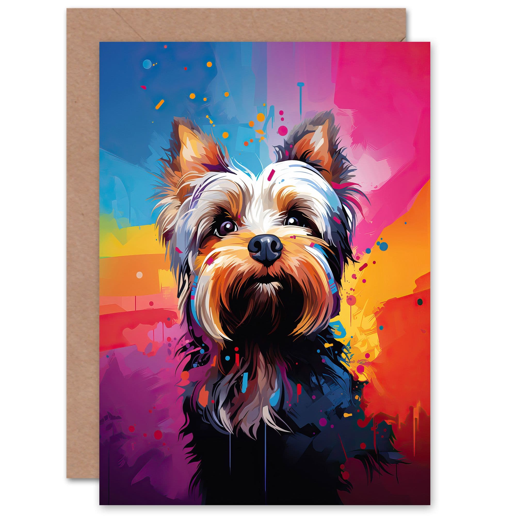 Yorkshire Terrier Dog Lover Gift Pet Portrait Rainbow Colours Artwork Painting Greeting Card