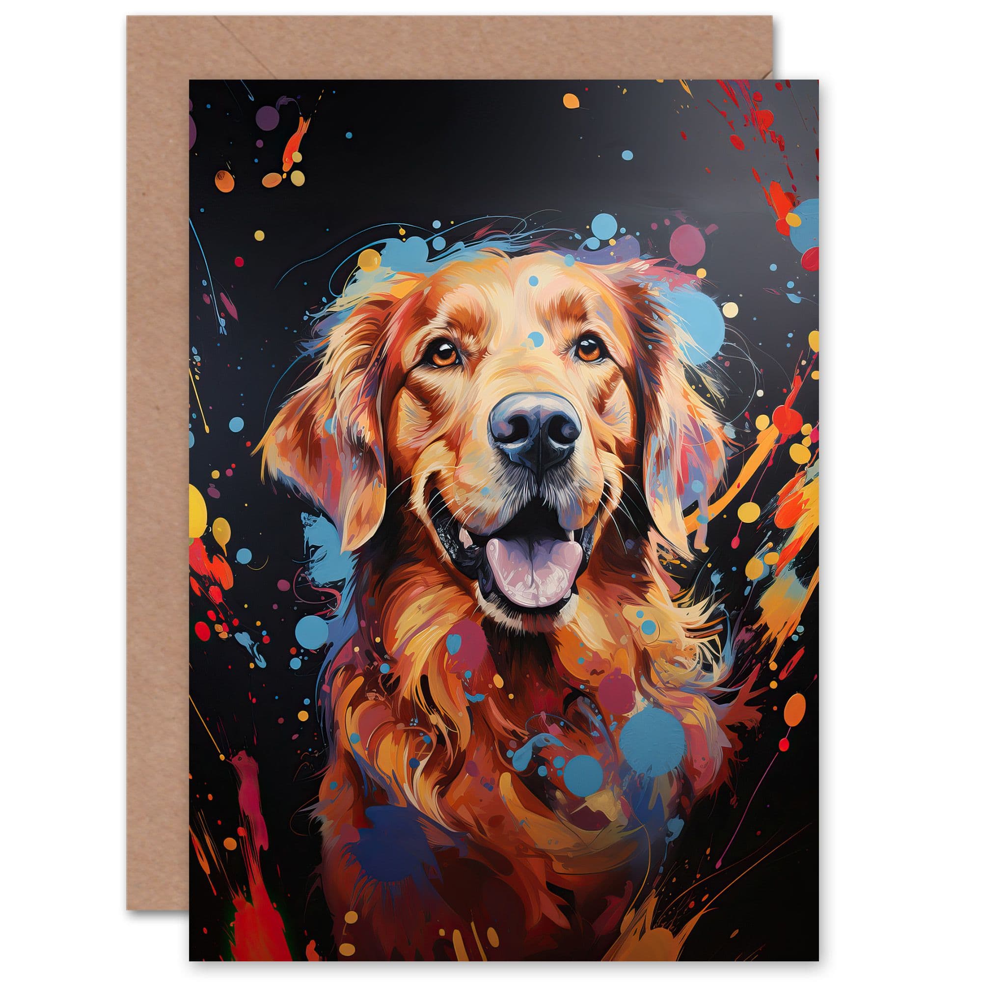 Red Golden Retriever Dog Lover Gift Pet Portrait Orange Blue on Artwork Painting Greeting Card