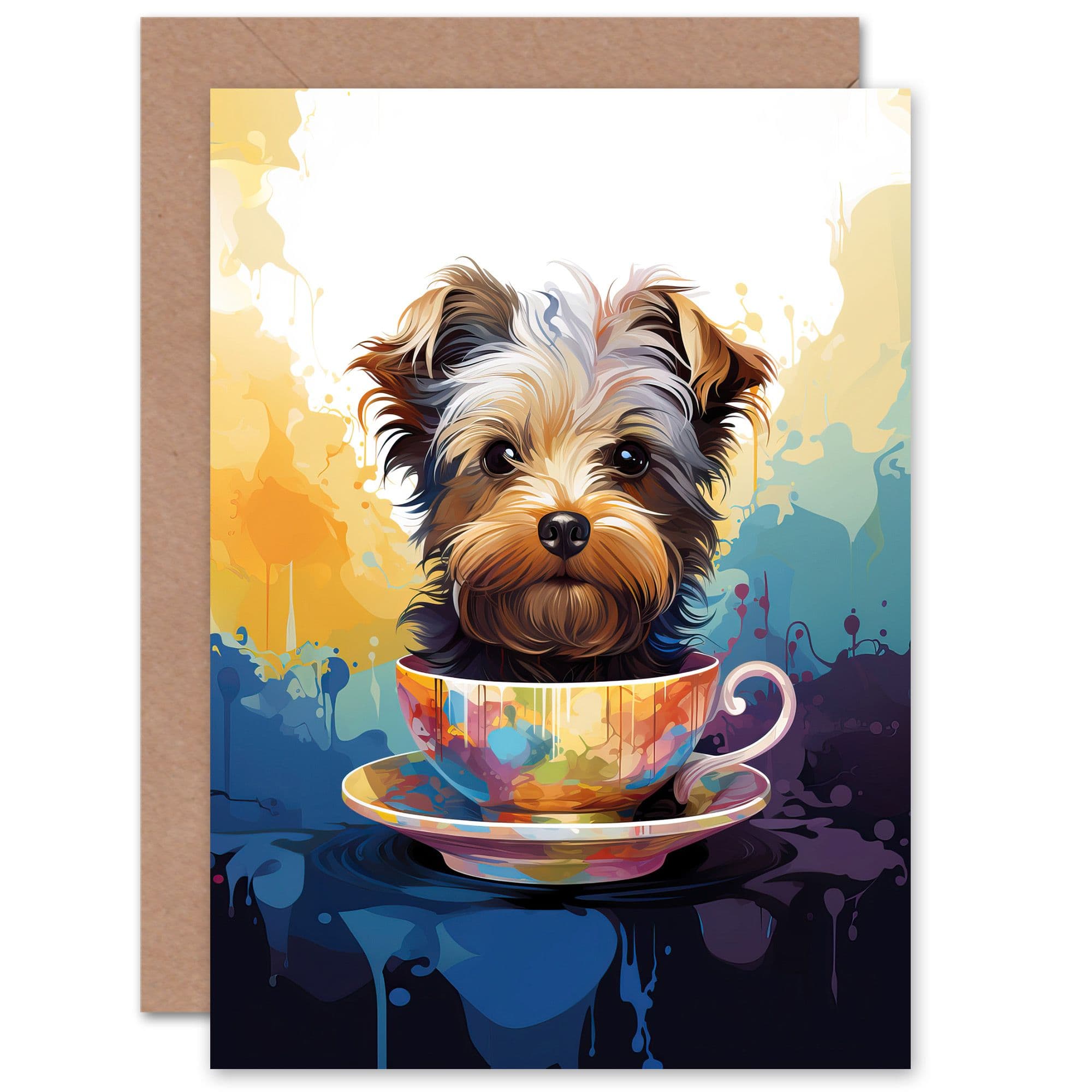 Tea Cup Yorkshire Terrier Dog Lover Gift Pet Portrait Blue Purple Orange Artwork Painting Greeting Card
