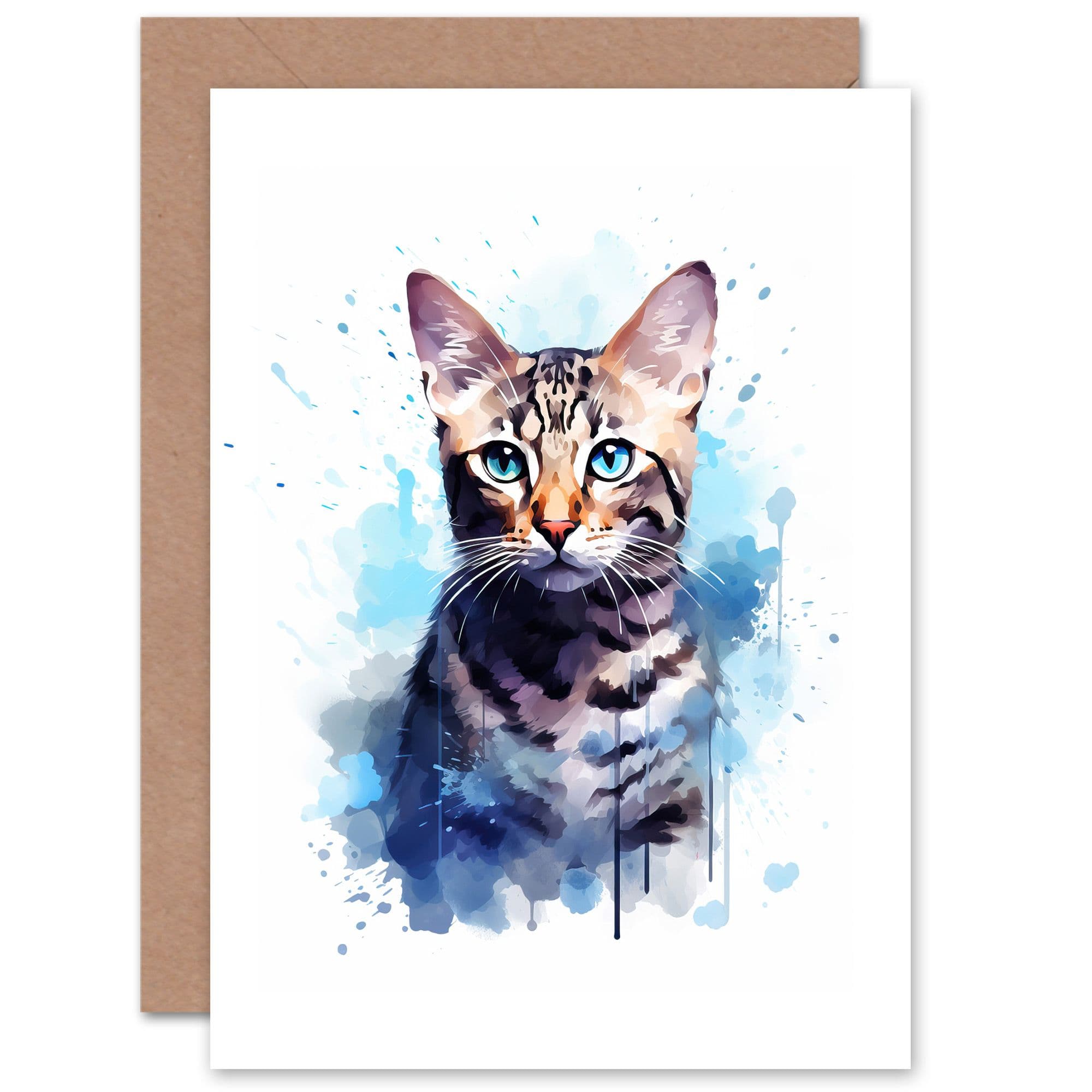 Bengal Cat Lovers Gift Watercolour Pet Portrait Painting Artwork Greeting Card