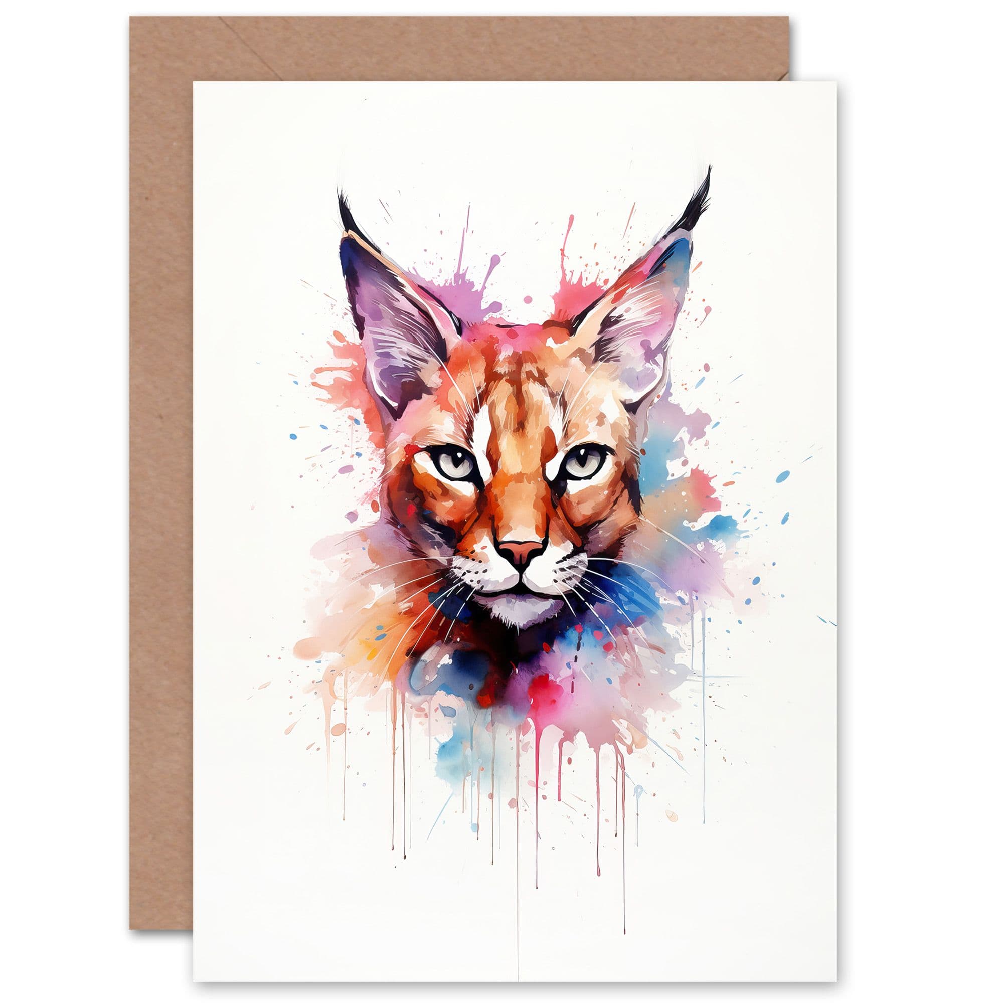 Caracal Cat Lovers Gift Watercolour Pet Portrait Painting Artwork Greeting Card