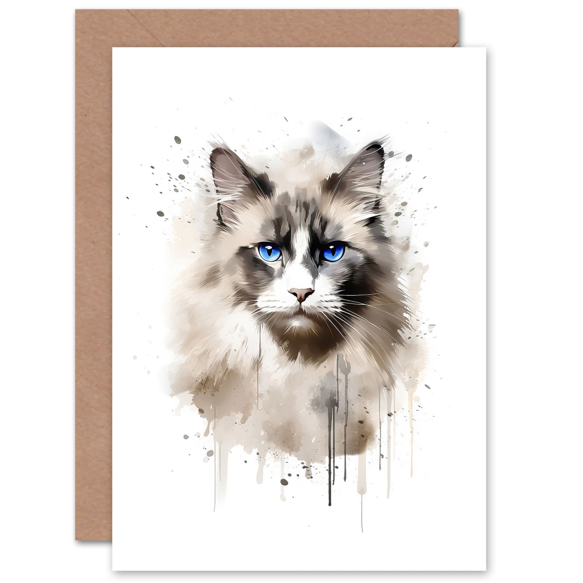 Grey Point Ragdoll Cat Blue Eyes Lovers Gift Watercolour Pet Portrait Painting Artwork Greeting Card