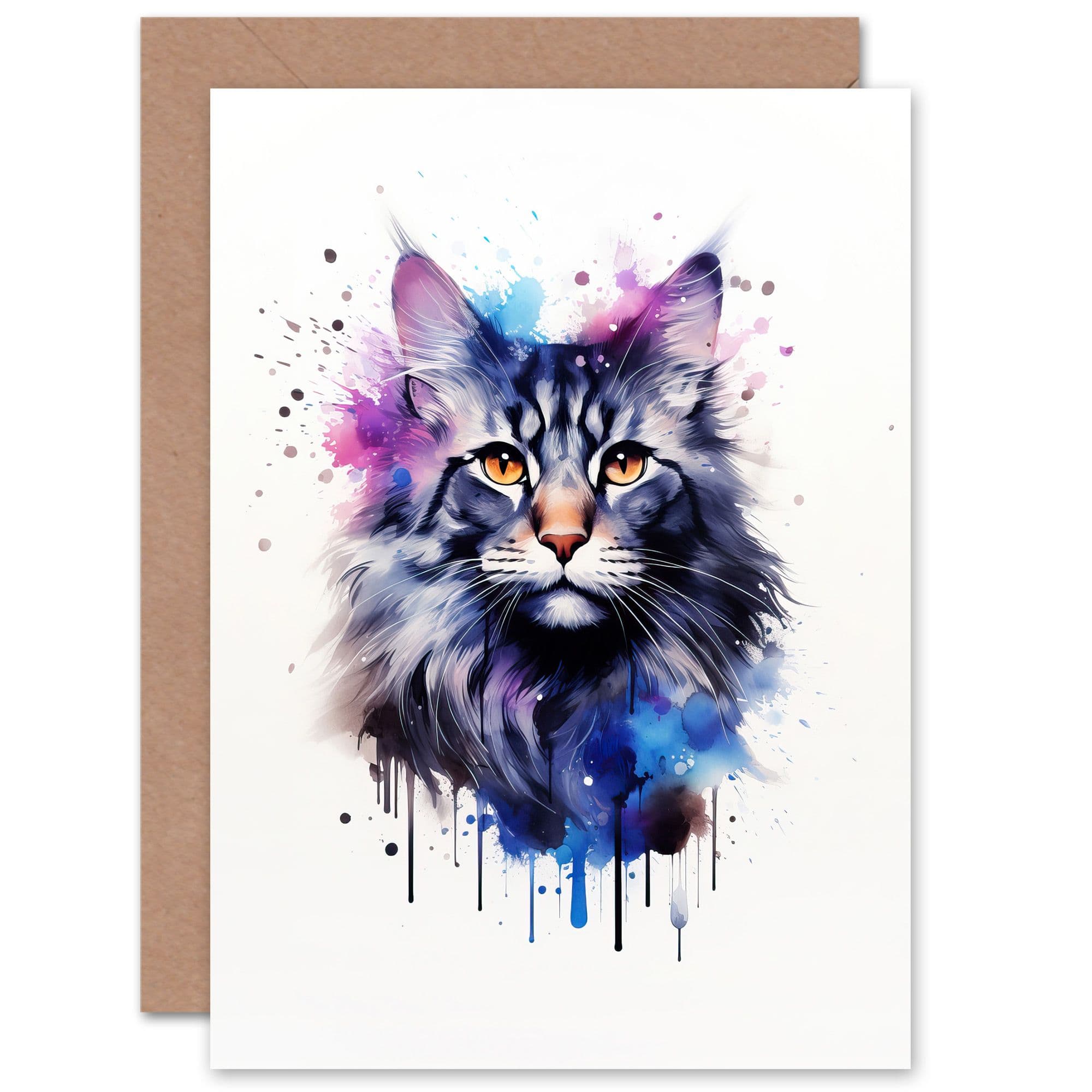 Maine Coon Cat Lovers Gift Watercolour Pet Portrait Painting Artwork Greeting Card